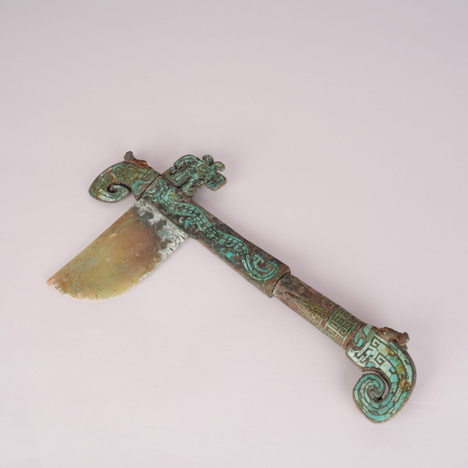 A BRONZE SCEPTER INLAID WITH TURQUOISE AND JADE, SHANG DYNASTY (1 of 17)