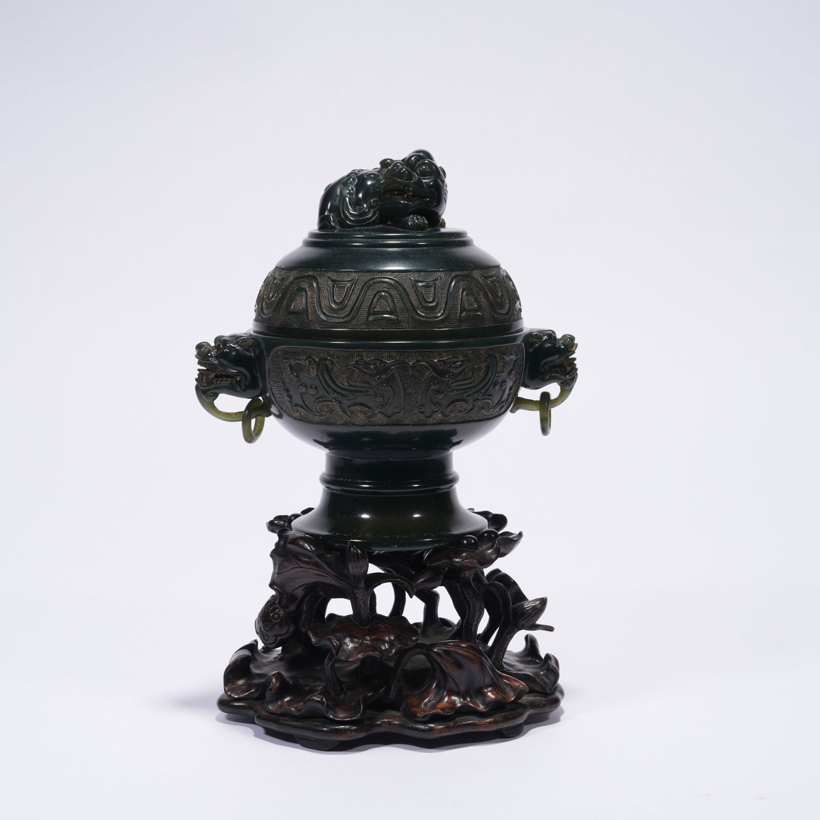A SHOUSHAN STONE CARVED TIGER-HANDLE CENSER WITH TWIN BEAST HANDLES: Shoushan Stone Carved Tiger-Handle Censer with Twin Beast Handles
