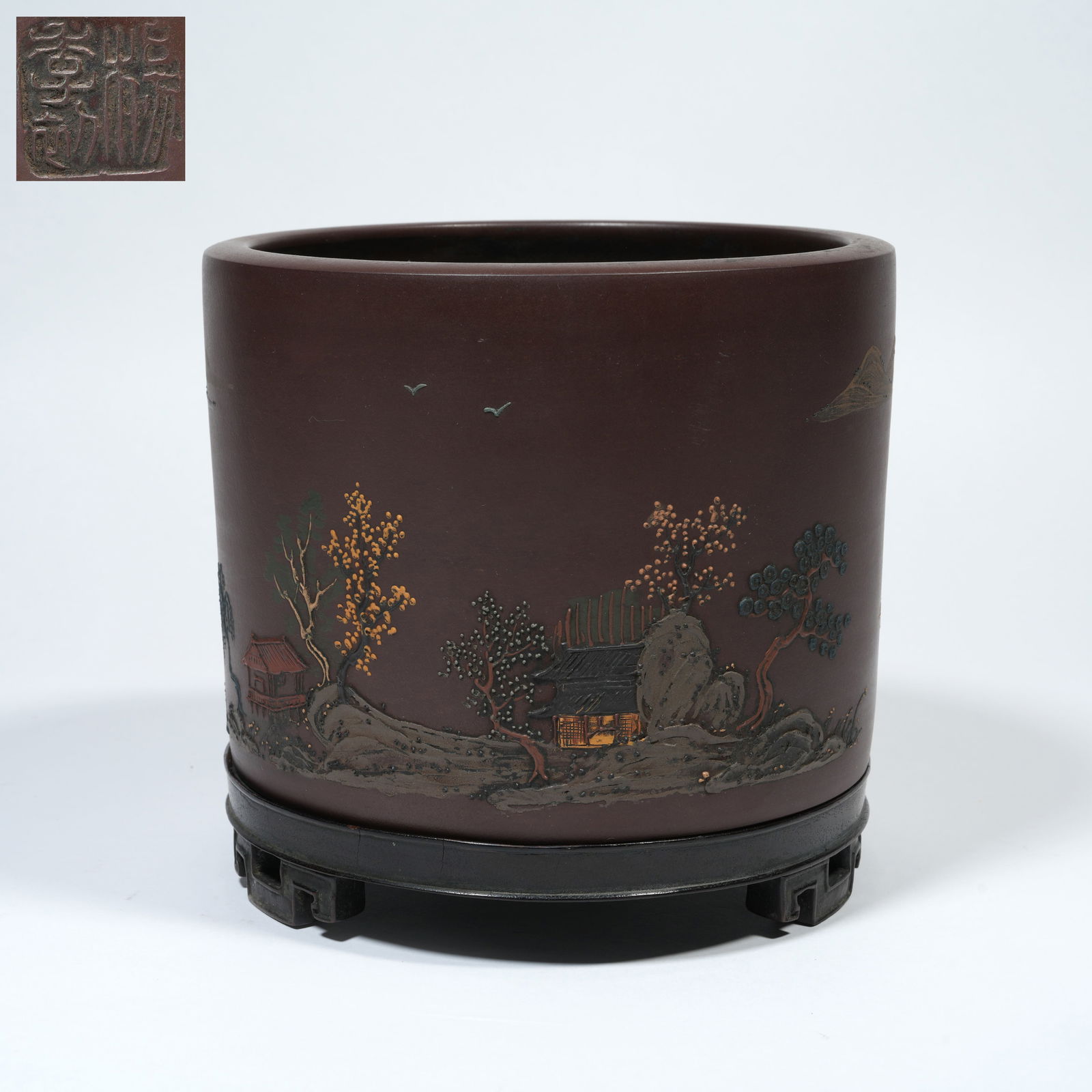 A YIXING ZISHA BRUSH POT WITH APPLIED CLAY LANDSCAPE AND PAVILION DECORATION, MADE BY YANG JICHU (1 of 9)