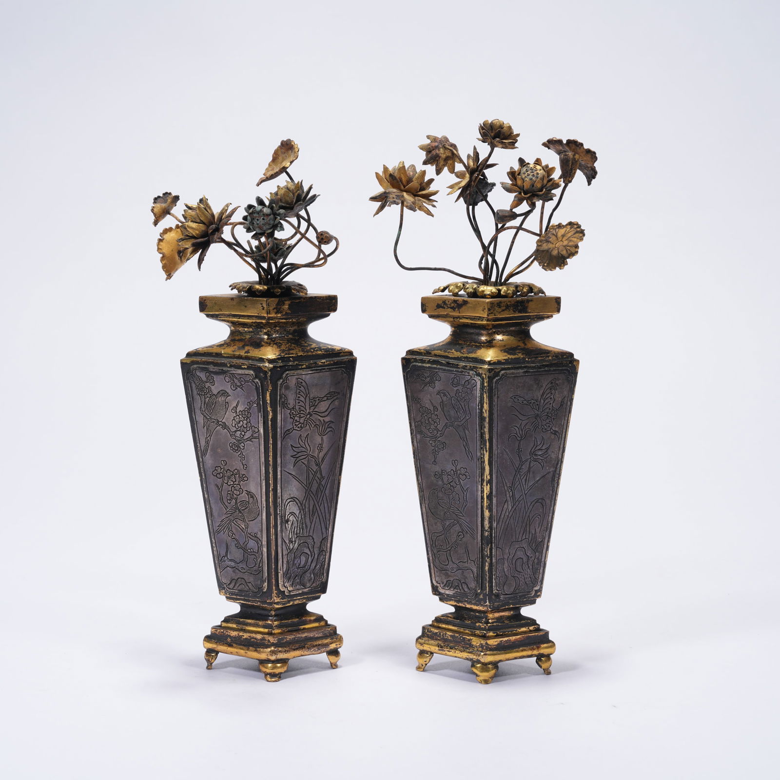 A BRONZE VASE INLAID WITH SILVER FLORAL AND BIRD MOTIFS (PAIR): Bronze Vase Inlaid with Silver Floral and Bird Motifs (Pair)