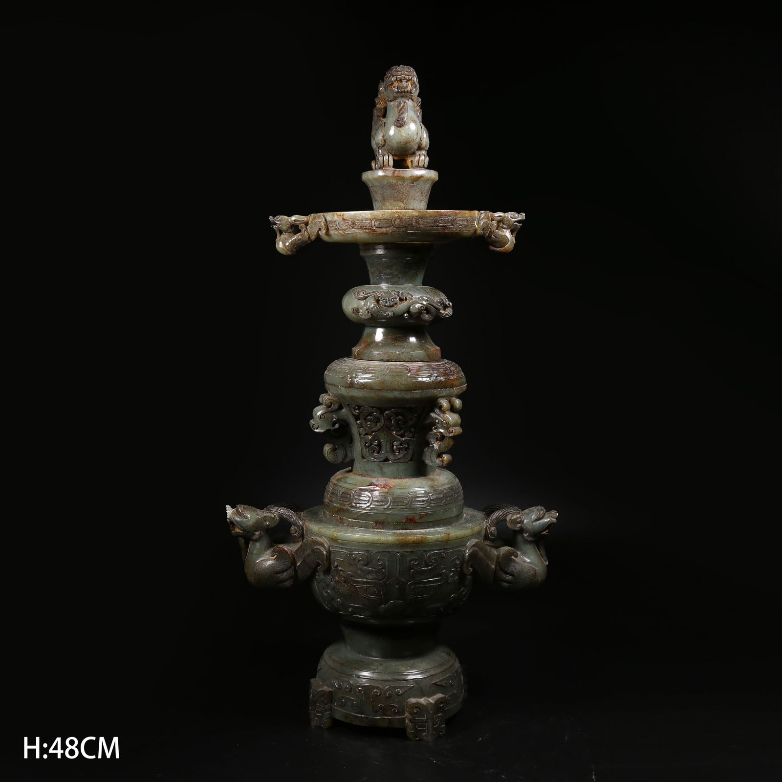 A HIGH-ANTIQUITY JADE CENSER WITH TAOTIE MASK AND BEAST KNOP: High-antiquity jade censer with taotie mask and beast knop