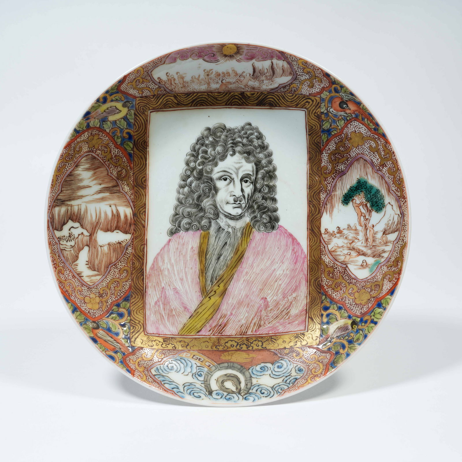 A FAMILLE-ROSE GILT-DECORATED DISH WITH WESTERN FIGURES IN PANELLED RESERVES: Famille-rose Gilt-Decorated Dish with Western Figures in Panelled Reserves