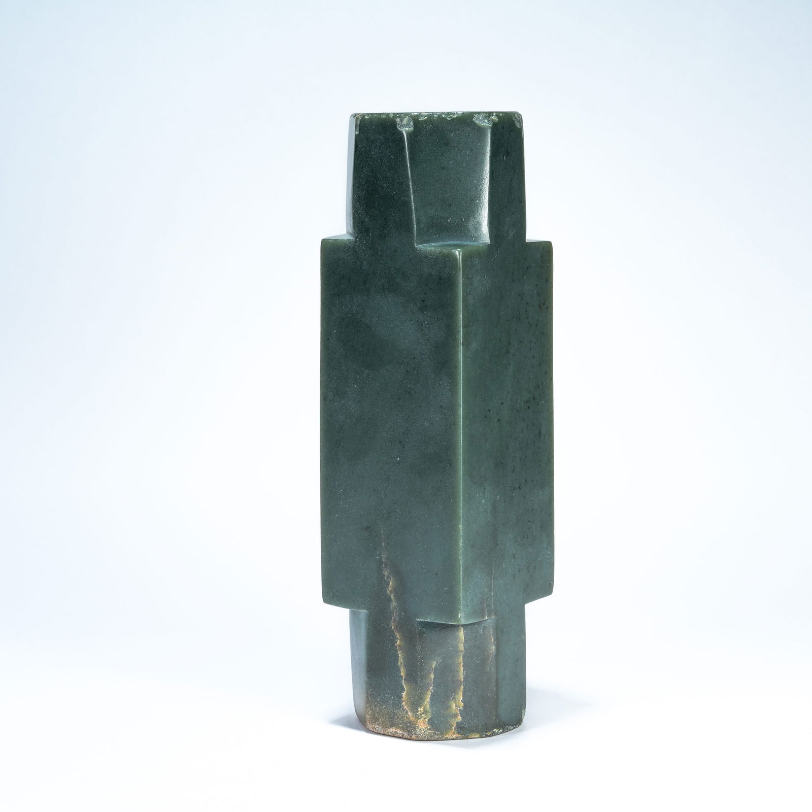 A HETIAN SPINACH-GREEN JADE CARVED CONG TUBE: Hetian Spinach-Green Jade Carved Cong Tube
