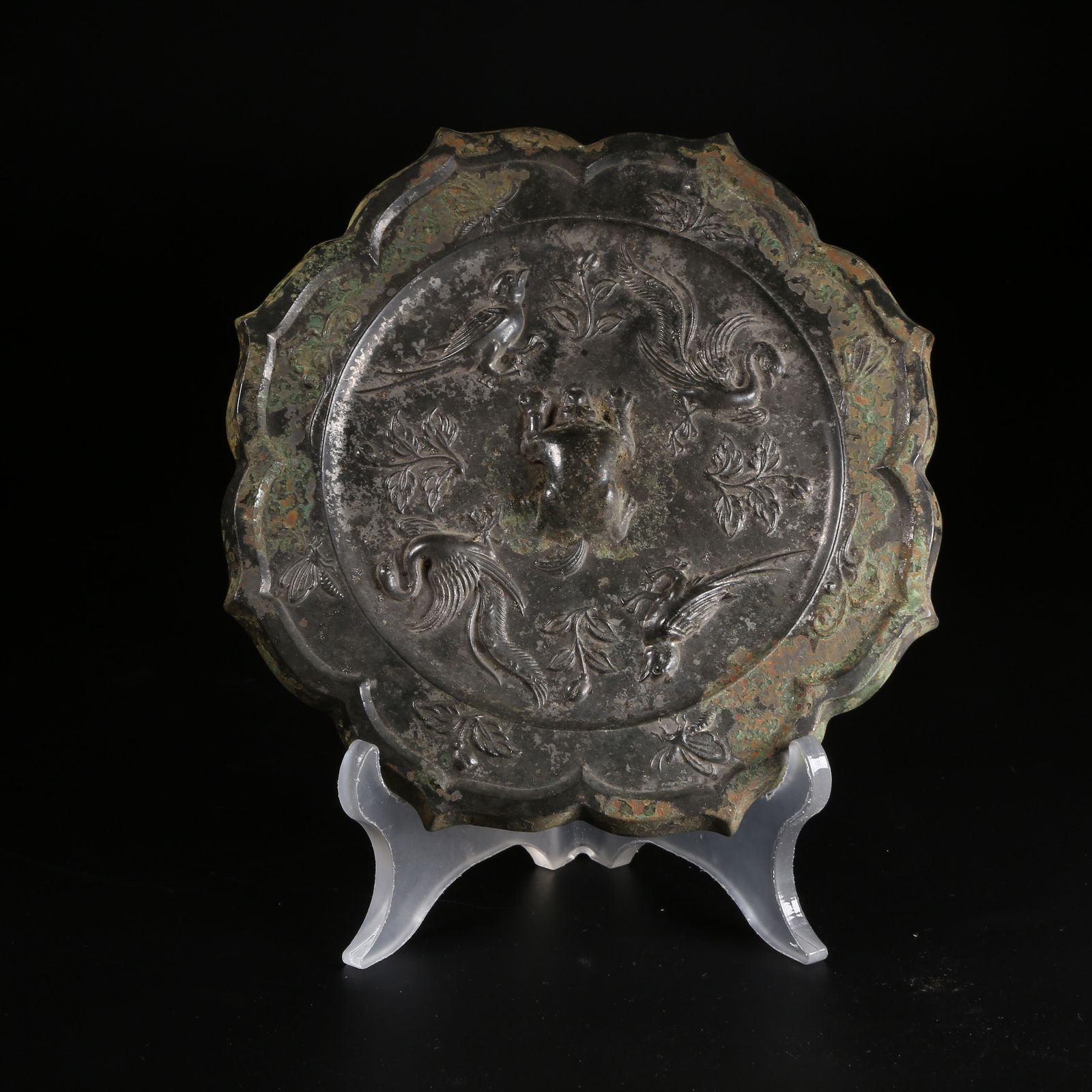 A BRONZE MIRROR WITH FLORAL AND BIRD MOTIF AND DIAMOND-SHAPED RIM (1 of 8)