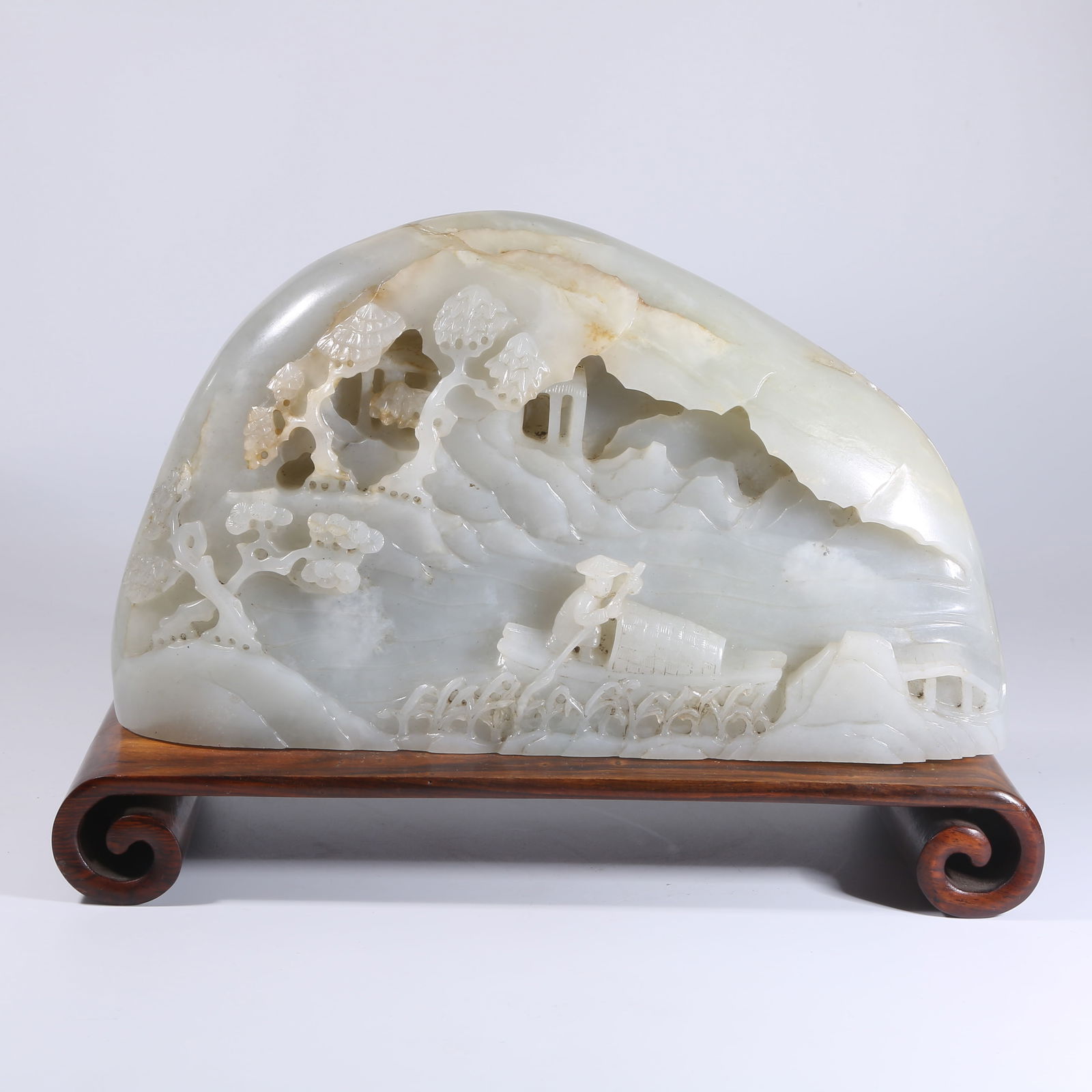 A HETIAN JADE MINIATURE ORNAMENT WITH CATTLE HERDING SCENE: Hetian Jade Miniature Ornament with Cattle Herding Scene