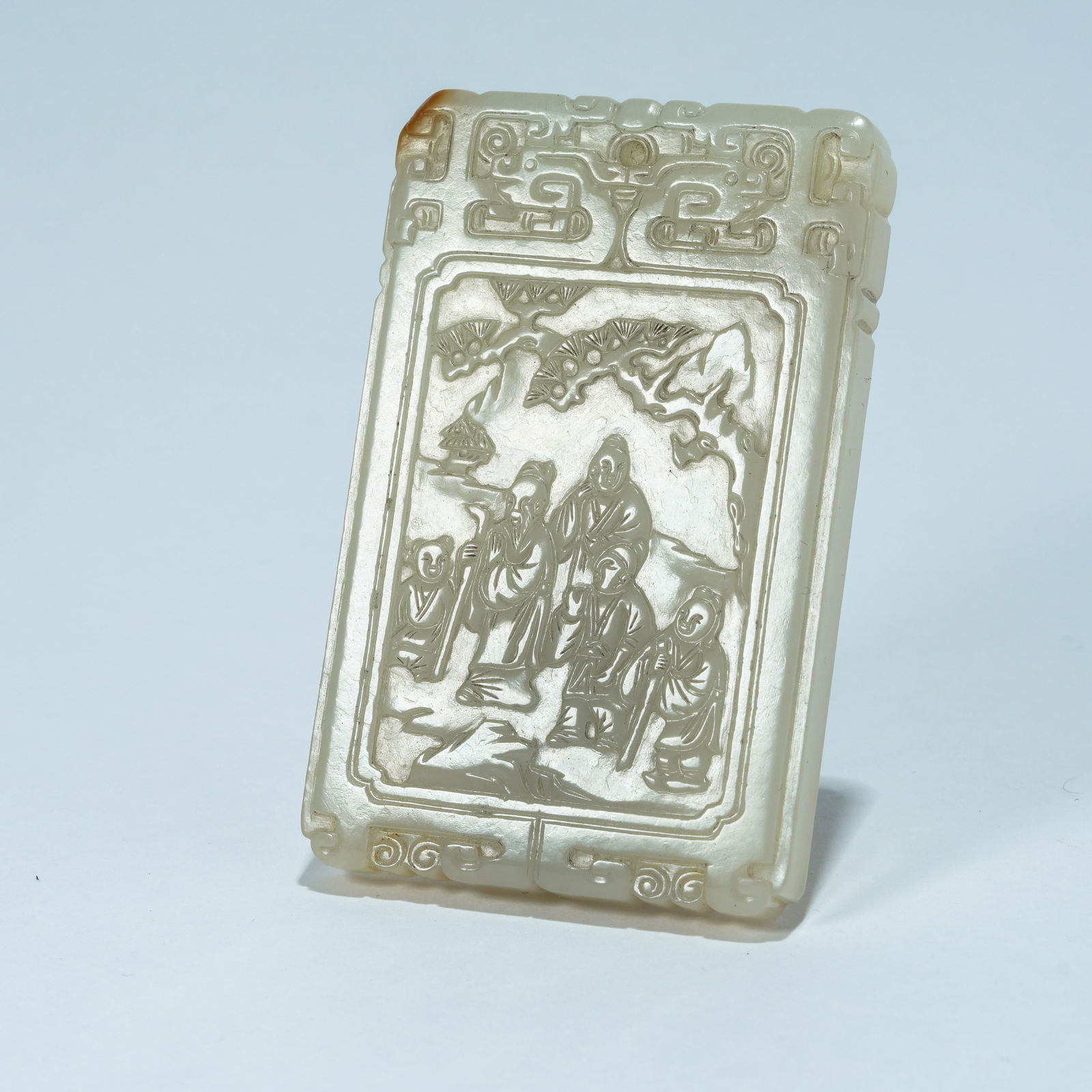 A HETIAN JADE CARVED PLAQUE WITH NARRATIVE FIGURE SCENE (1 of 9)