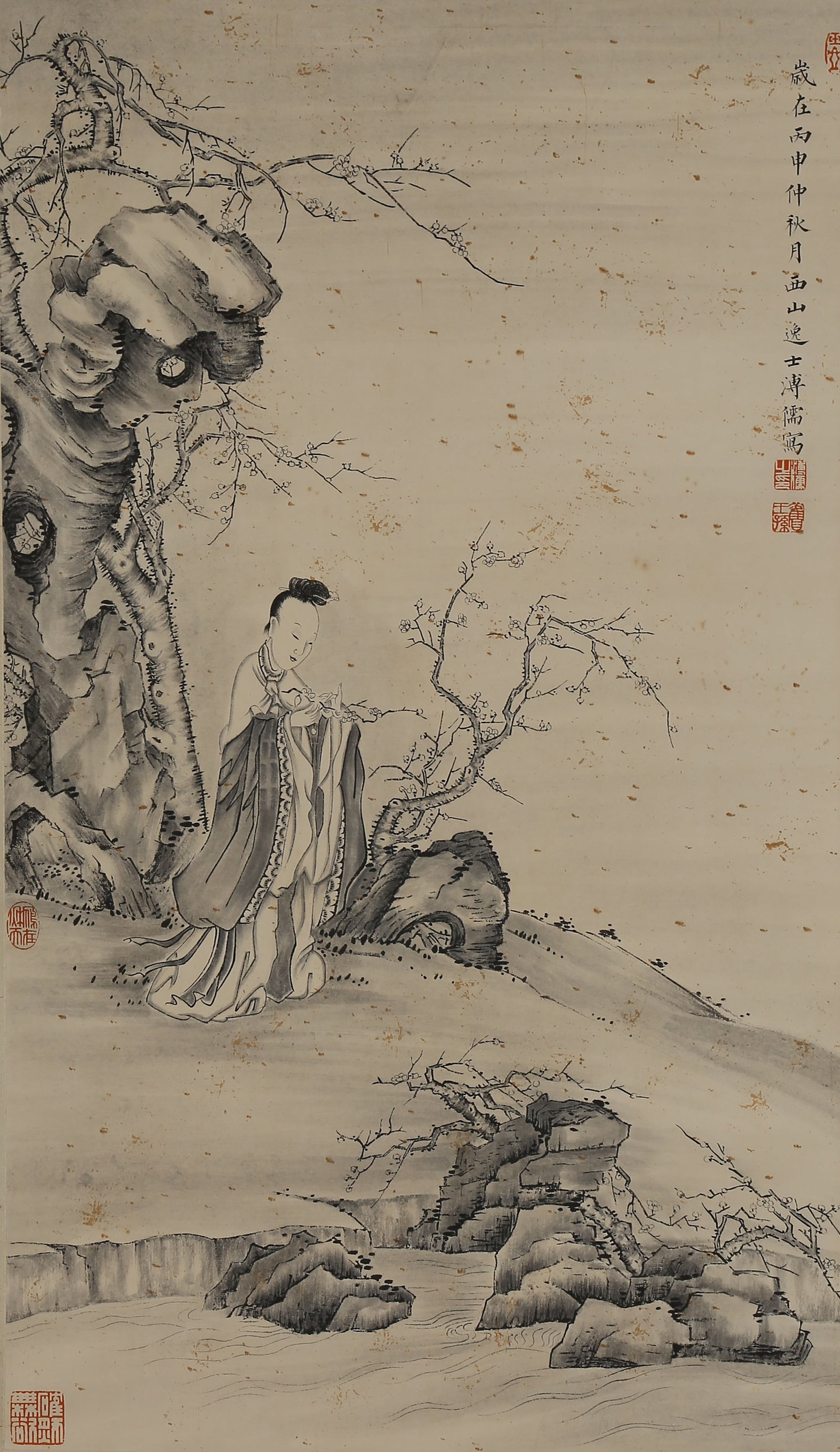 A COURT LADY ADMIRING PLUM PAINTING ON PAPER BY PU RU.溥儒: Court Lady Admiring Plum Painting on Paper by Pu Ru.溥儒