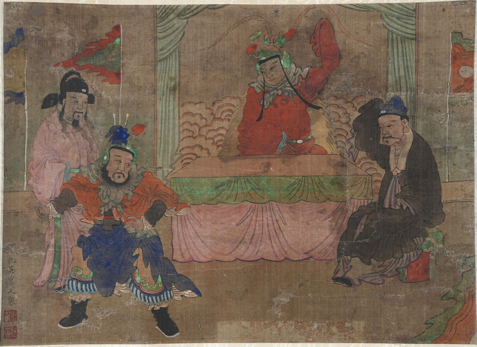 A ZHOU YU BATTLES HUANG GAI, PAINTING ON SILK, HANGING SCROLL, BY QIU YING.仇英: Zhou Yu Battles Huang Gai, Painting on Silk, Hanging Scroll, by Qiu Ying.仇英