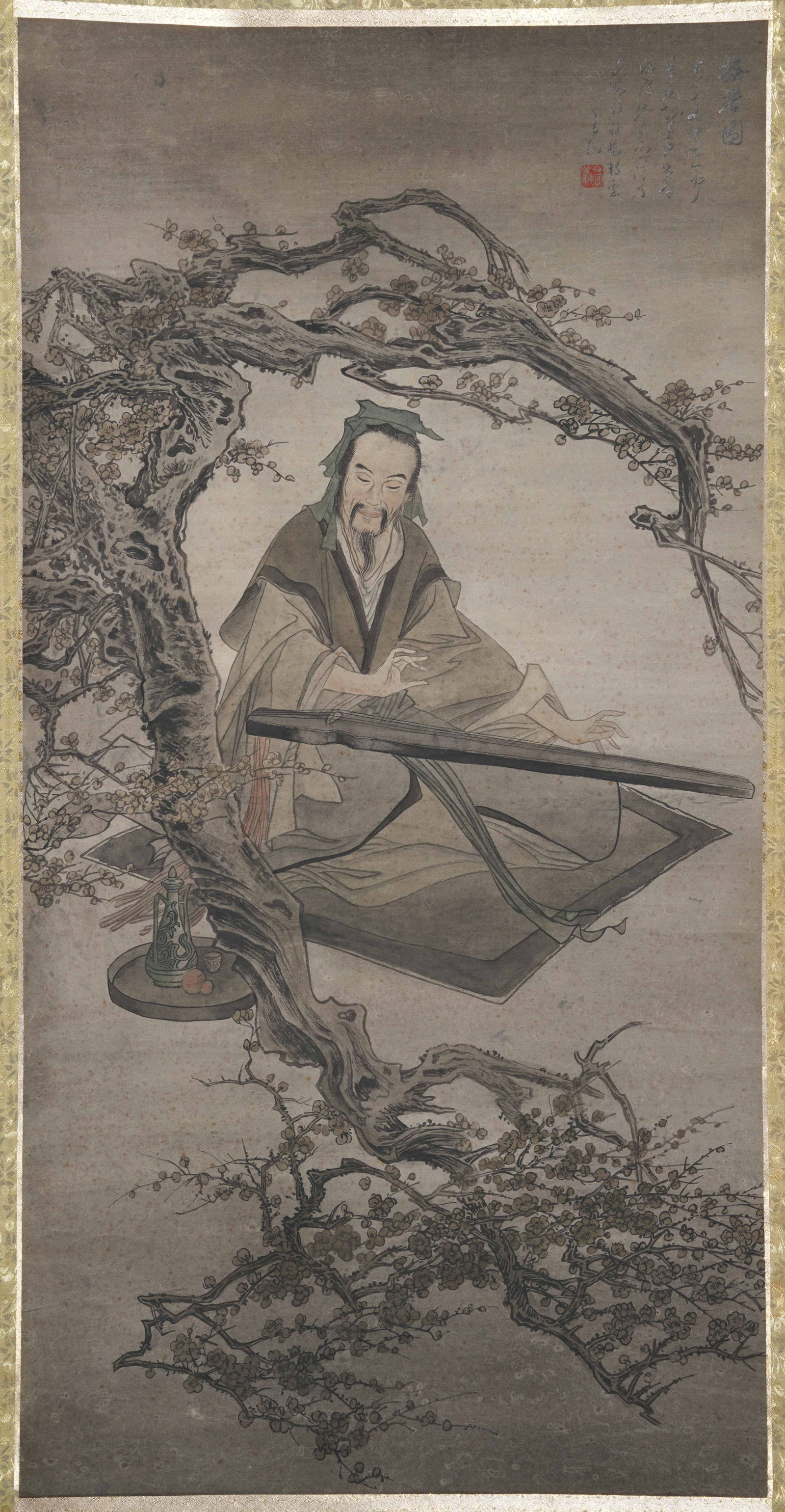 A QIN-PLAYING FIGURE PAINTING ON PAPER BY GAO XIANG.高翔: Qin-Playing Figure Painting on Paper by Gao Xiang.高翔