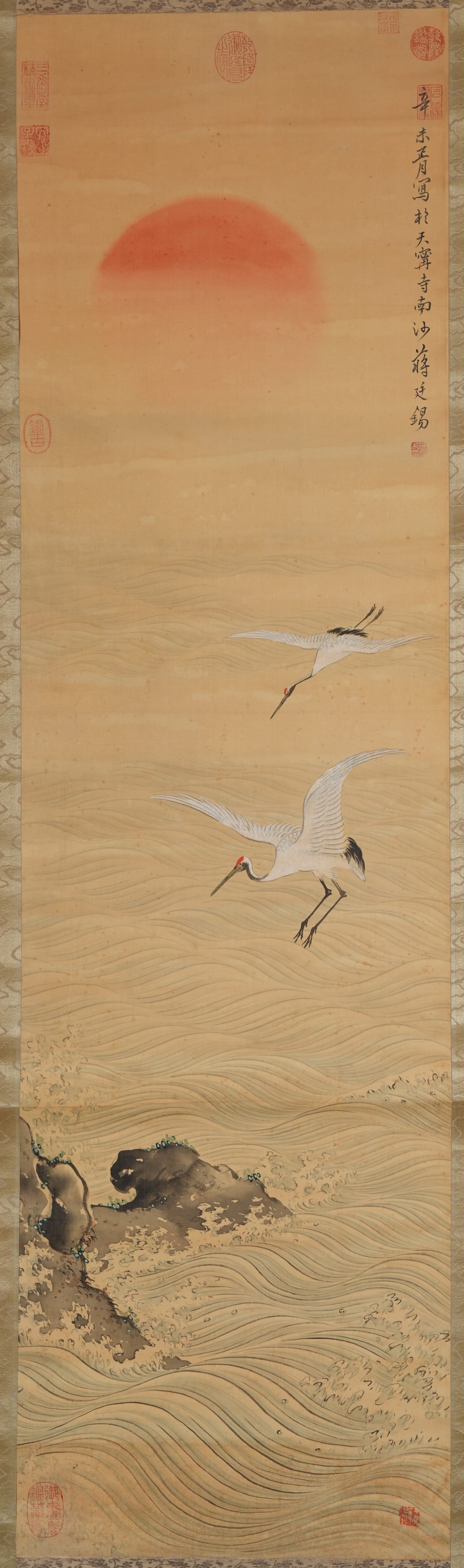 A RISING RED SUN OVER THE SEA PAINTING ON SILK BY JIANG TINGXI.蔣廷錫: Rising Red Sun over the Sea Painting on Silk by Jiang Tingxi.蔣廷錫