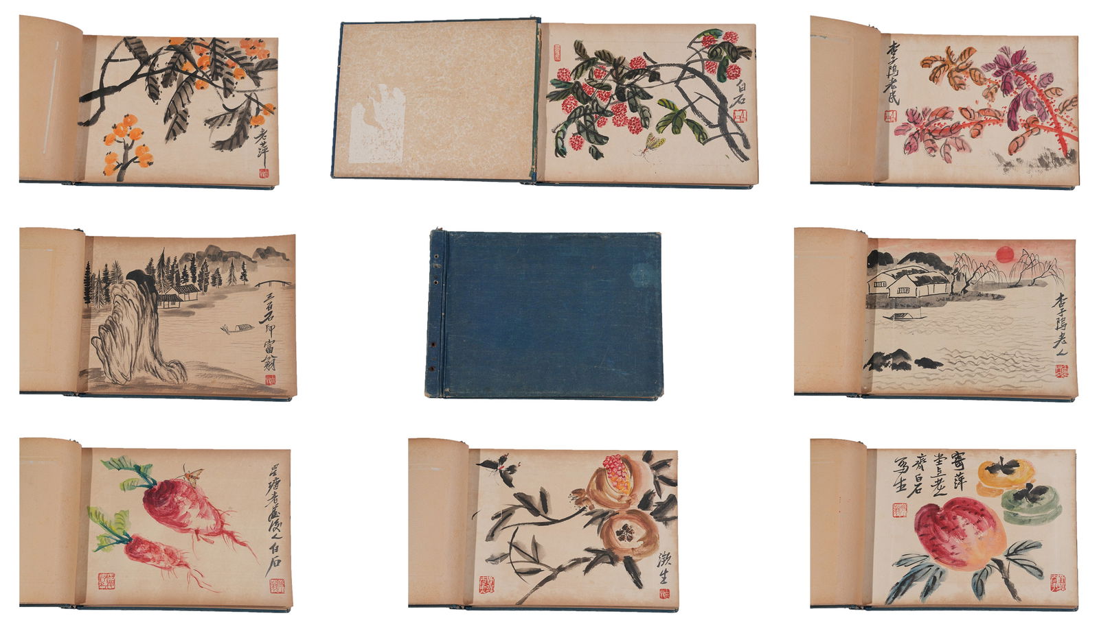 A ALBUM OF SELECTED PAINTINGS ON PAPER BY QI BAISHI (34 LEAVES).齊白石 (1 of 14)