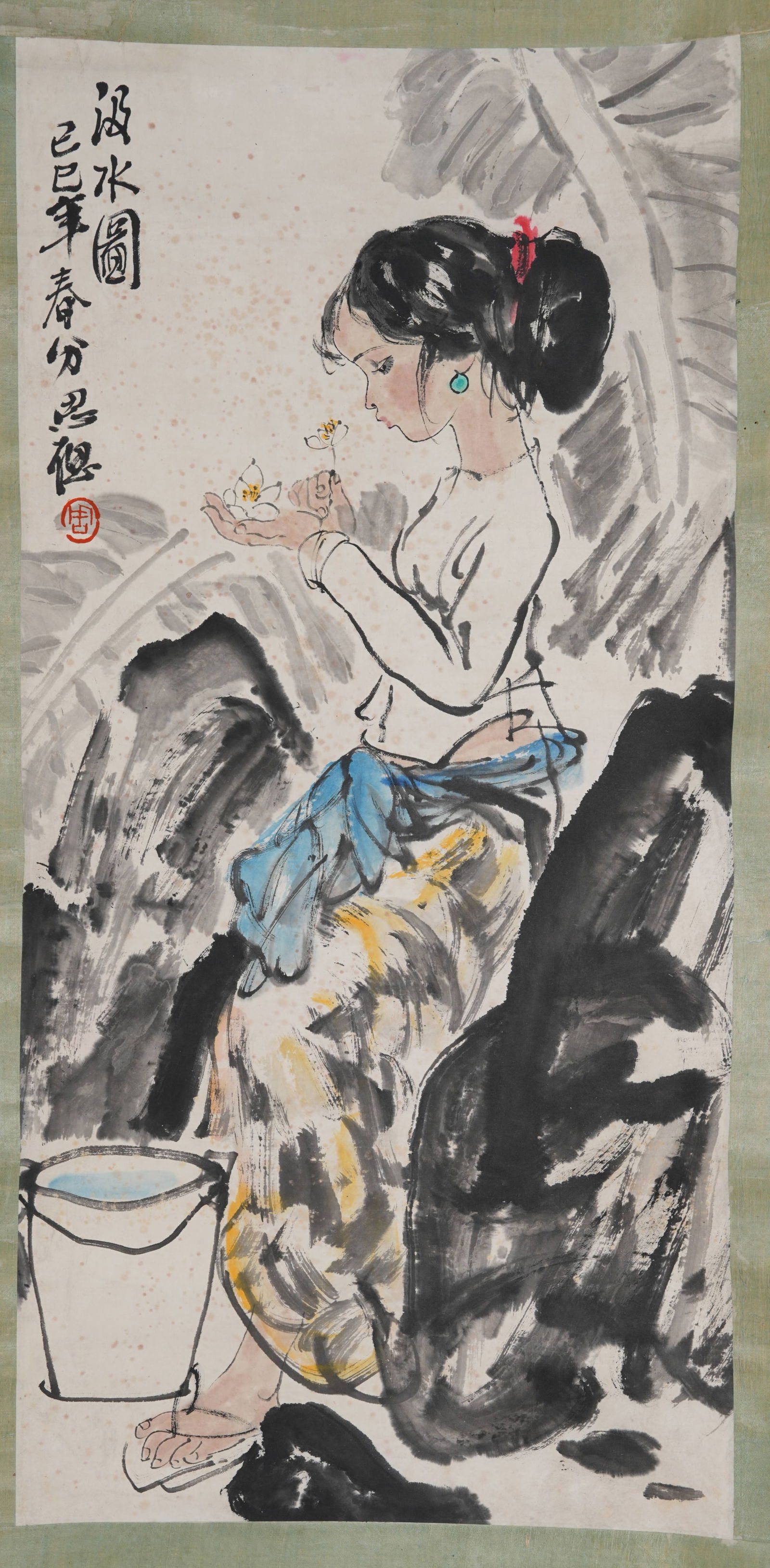 A WATER-DRAWING FIGURE PAINTING ON PAPER BY ZHOU SICONG.周思聰: Water-Drawing Figure Painting on Paper by Zhou Sicong.周思聰