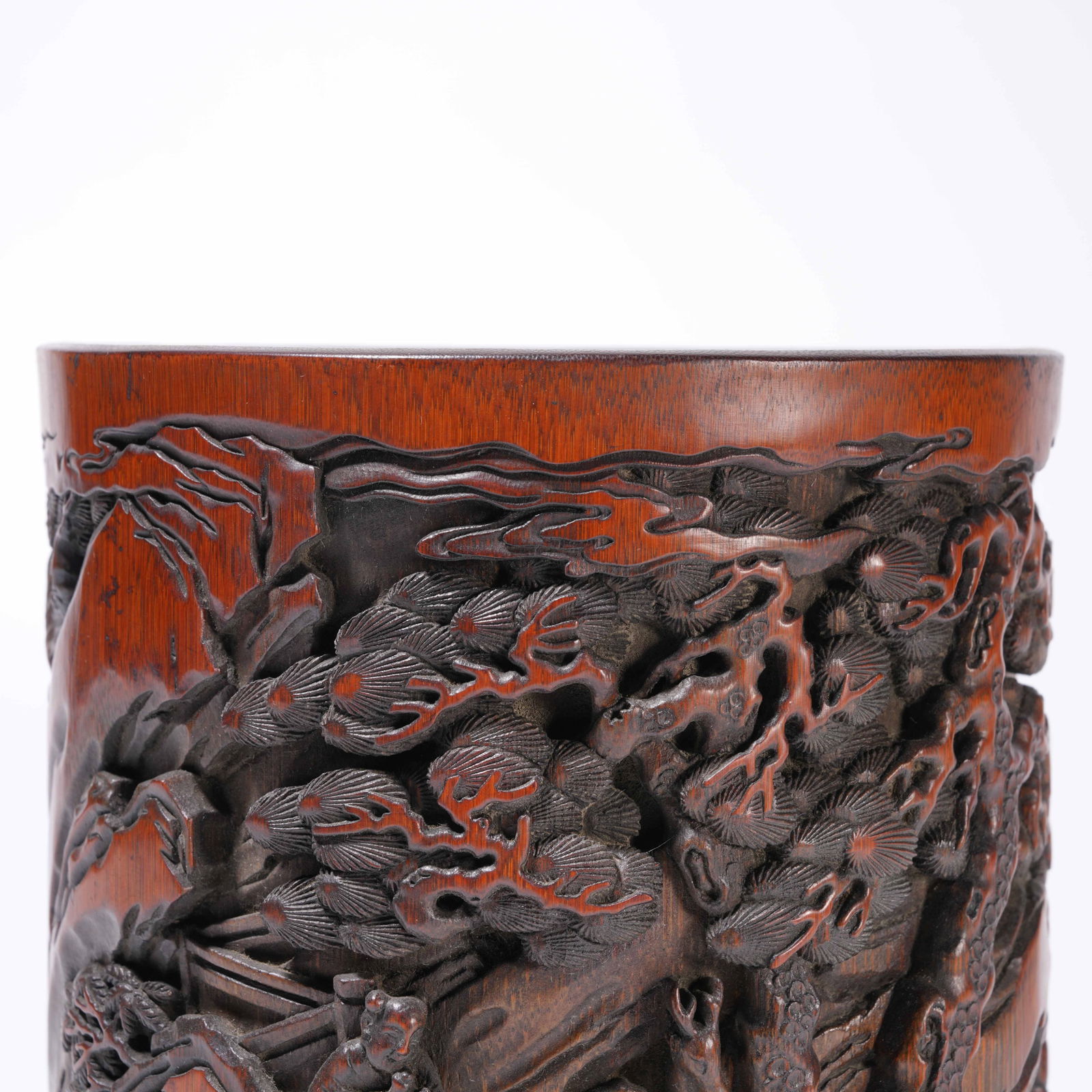 A BAMBOO ROOT CARVING LANDSCAPE-PATTERN BRUSH HOLDER - 2