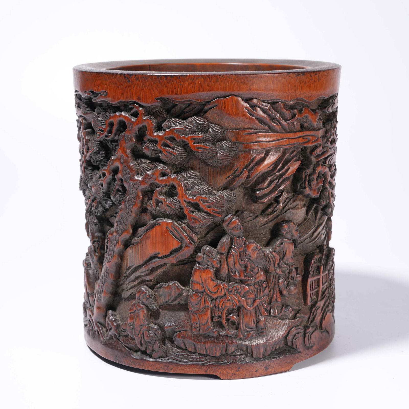 A BAMBOO ROOT CARVING LANDSCAPE-PATTERN BRUSH HOLDER - 4