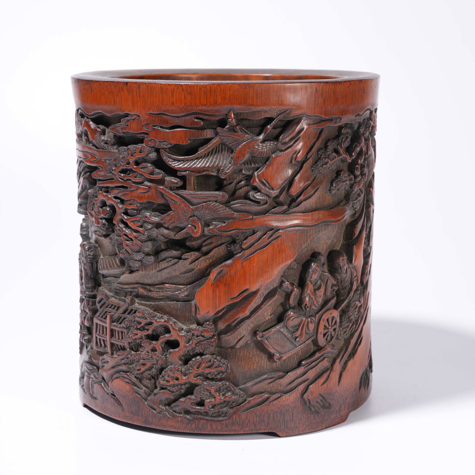 A BAMBOO ROOT CARVING LANDSCAPE-PATTERN BRUSH HOLDER - 5