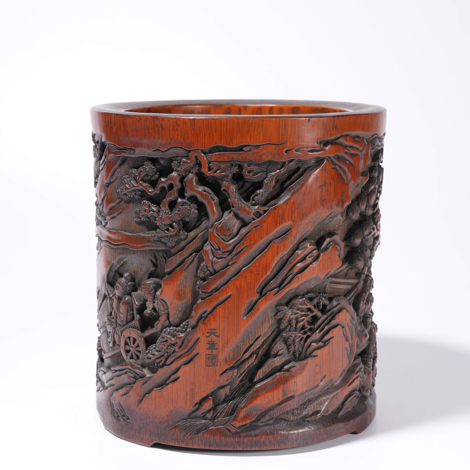 A BAMBOO ROOT CARVING LANDSCAPE-PATTERN BRUSH HOLDER - 6