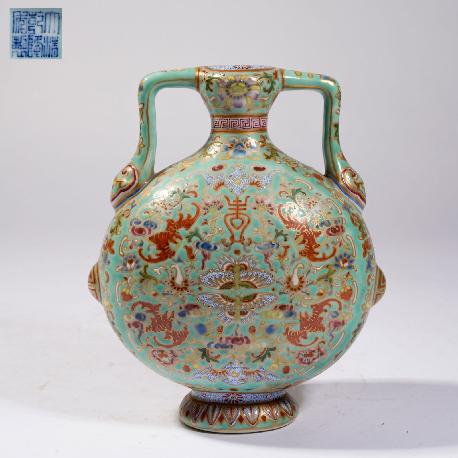A TURQUOISE-GREEN GROUND FAMILLE ROSE "GREAT FORTUNE" RIBBON-HANDLED MOON-EMBRACING VASE: Turquoise-Green Ground Famille Rose "Great Fortune" Ribbon-Handled Moon-Embracing Vase