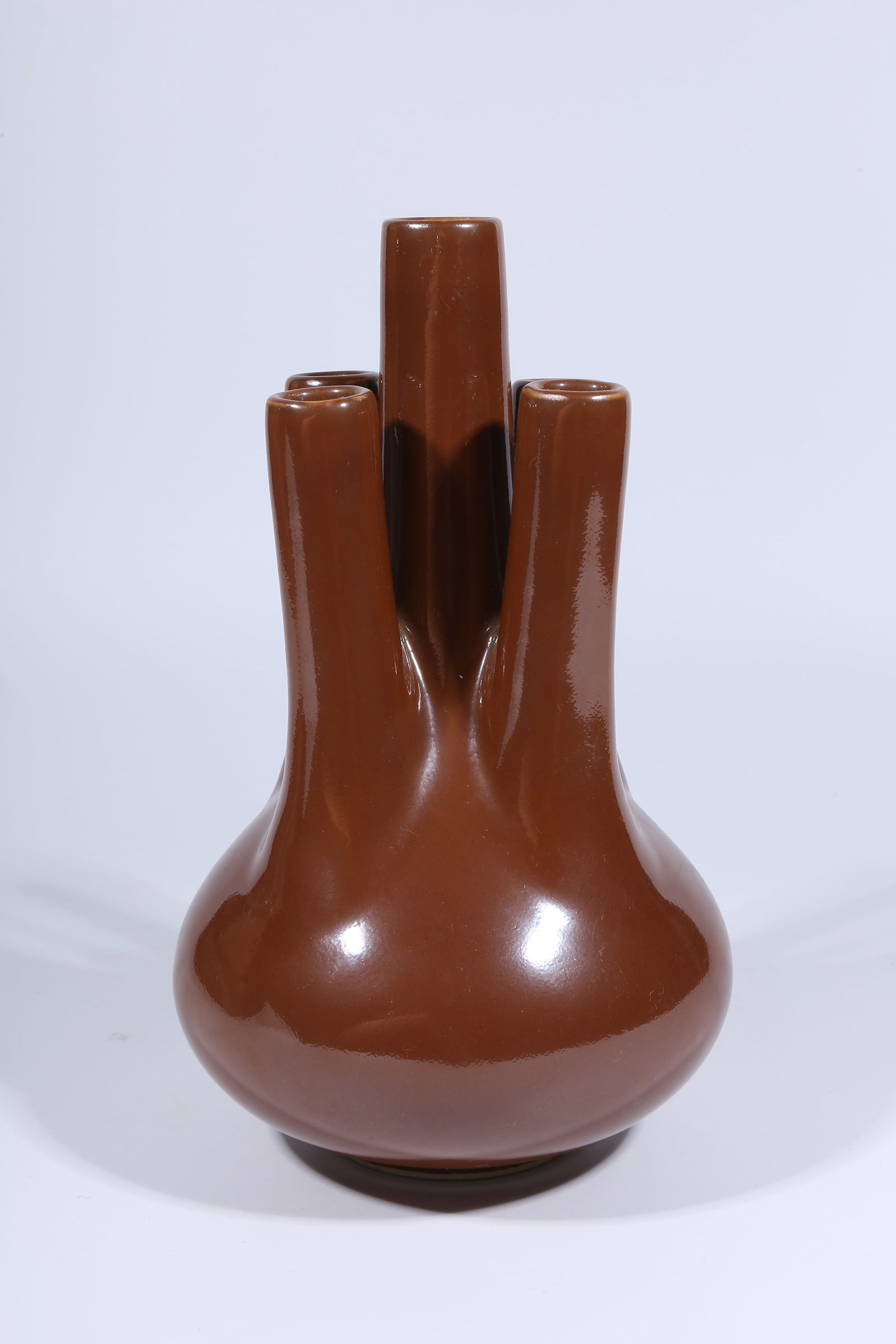 A BROWN GLAZED FIVE-NECKED VASE - 5