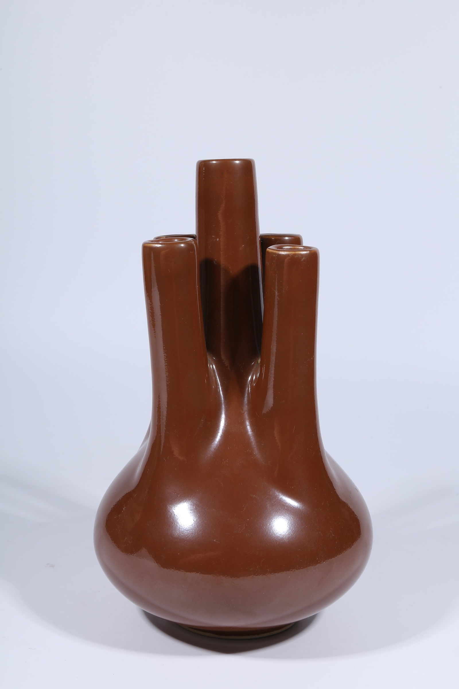 A BROWN GLAZED FIVE-NECKED VASE - 6