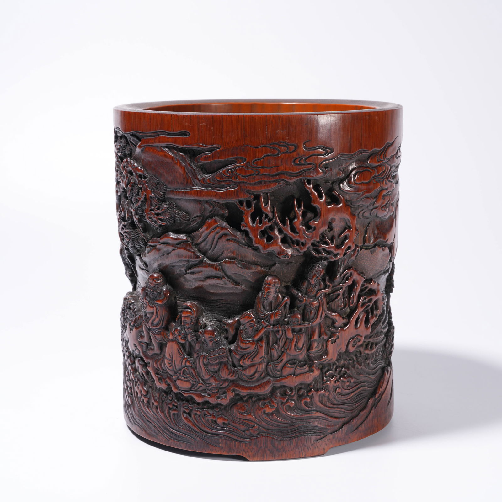 A BAMBOO ROOT CARVING EIGHT IMMORTALS CROSSING THE SEA-PATTERN BRUSH HOLDER (1 of 10)