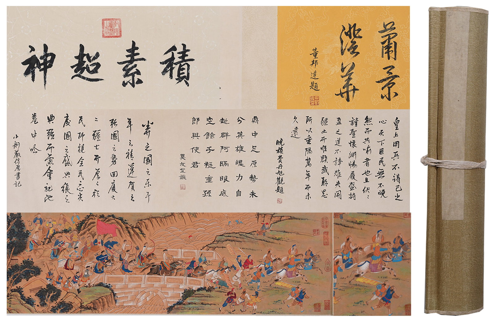 A FIGURES AND HORSES HANDSCROLL ON PAPER BY JIN TINGBIAO.金廷標: Figures and Horses Handscroll on Paper by Jin Tingbiao.金廷標