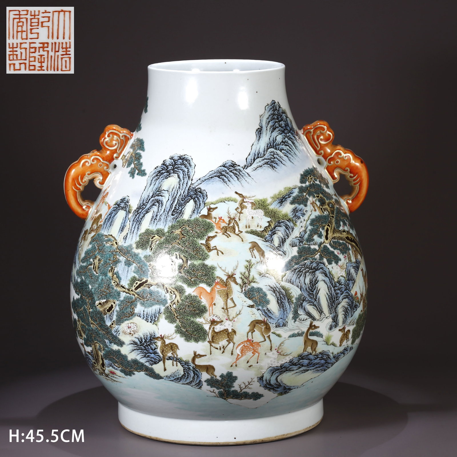 A FAMILLE ROSE DEER PATTERN DOUBLE-HANDLED ZUN: Famille Rose Deer Pattern Double-Handled Zun