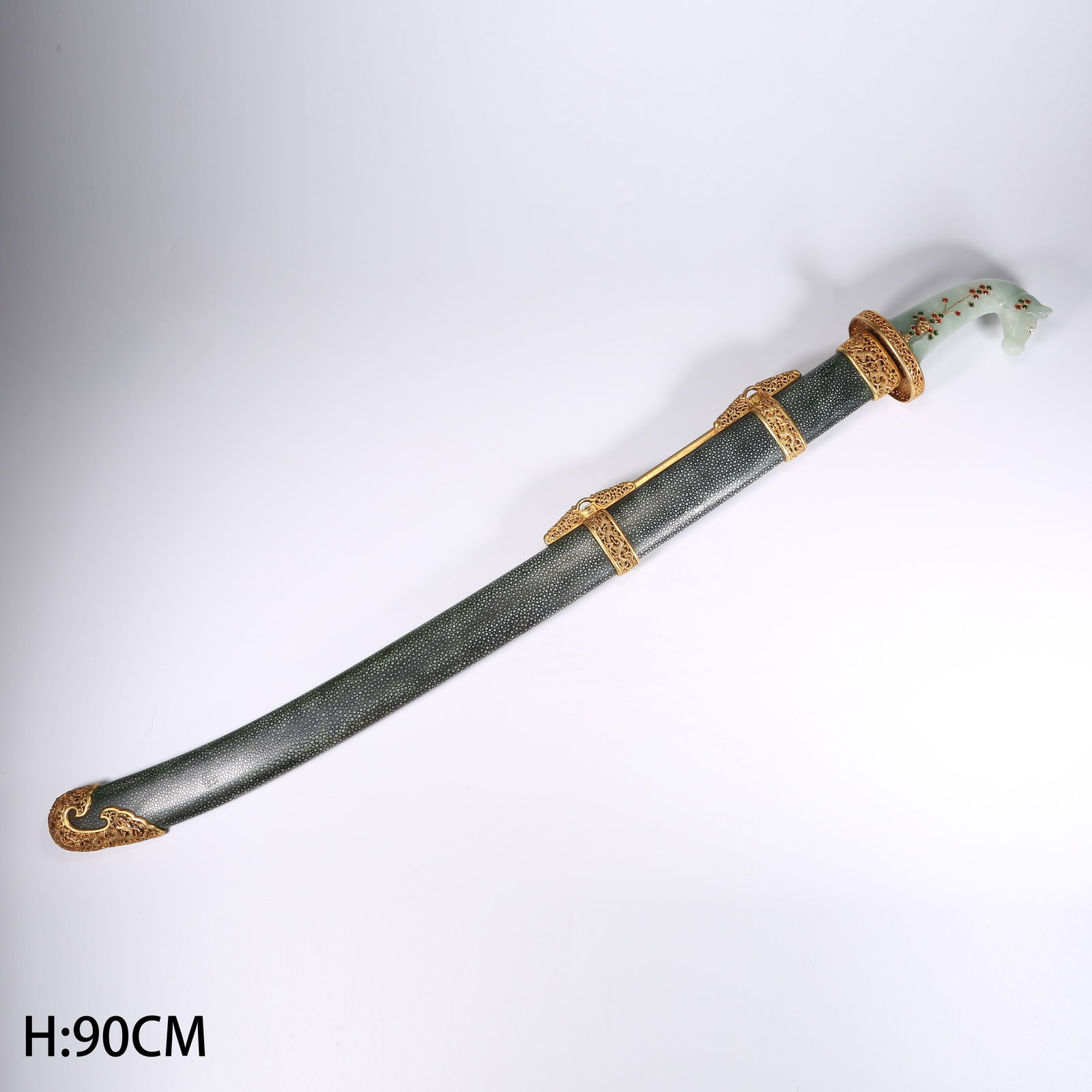 A GILT-BRONZE WAIST SWORD WITH JADE-INLAID HORSE HANDLE AND SHARKSKIN SHEATH (1 of 9)