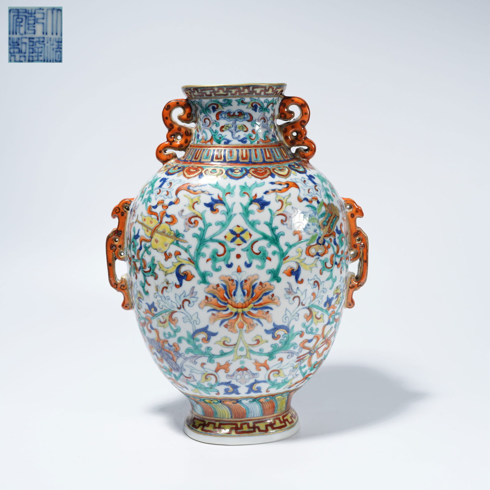 A DOUCAI DOUBLE-HANDLED VASE WITH LIAN-ZHI FLOWER MOTIF: Doucai Double-Handled Vase with Lian-Zhi Flower Motif