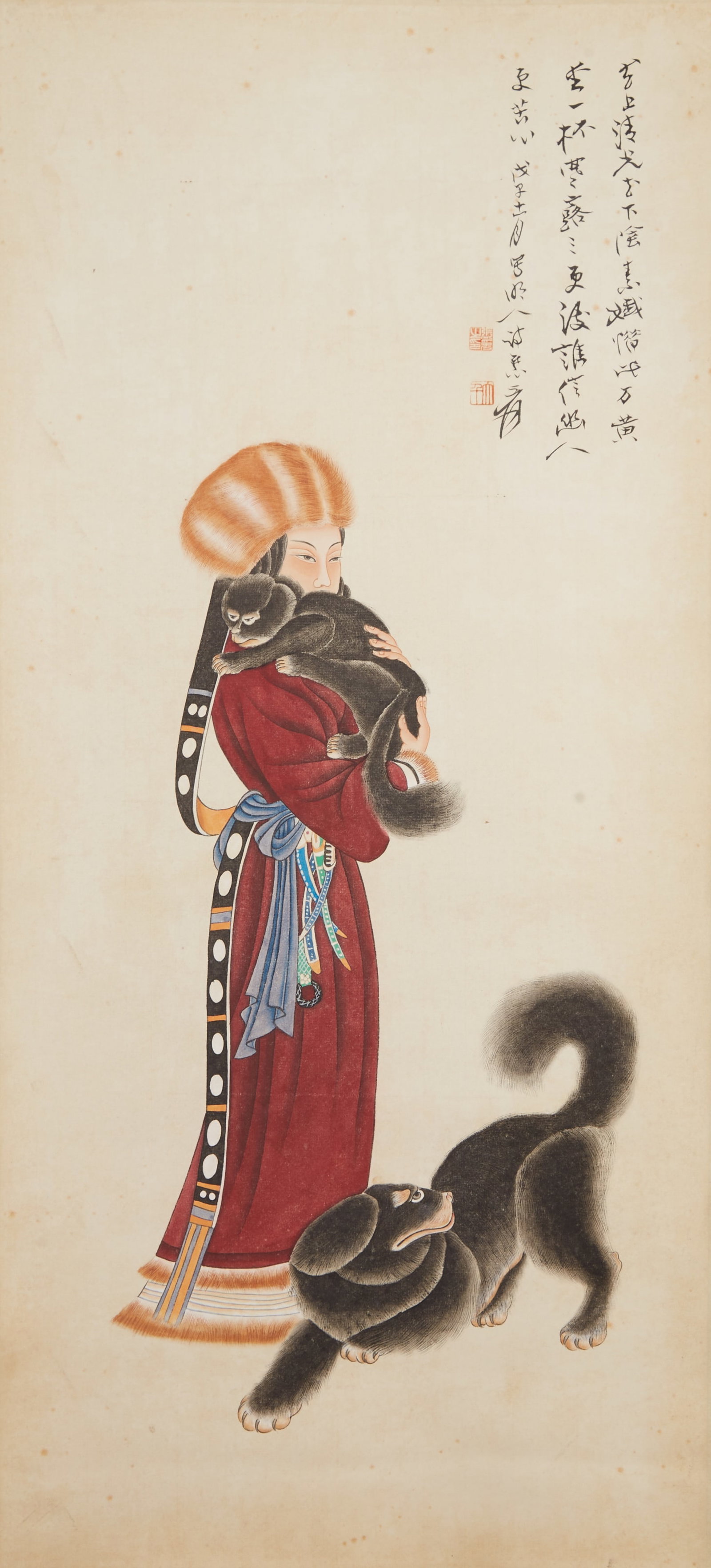 A TIBETAN WOMAN PAINTING ON PAPER BY ZHANG DAQIAN.張大千: Tibetan Woman Painting on Paper by Zhang Daqian.張大千