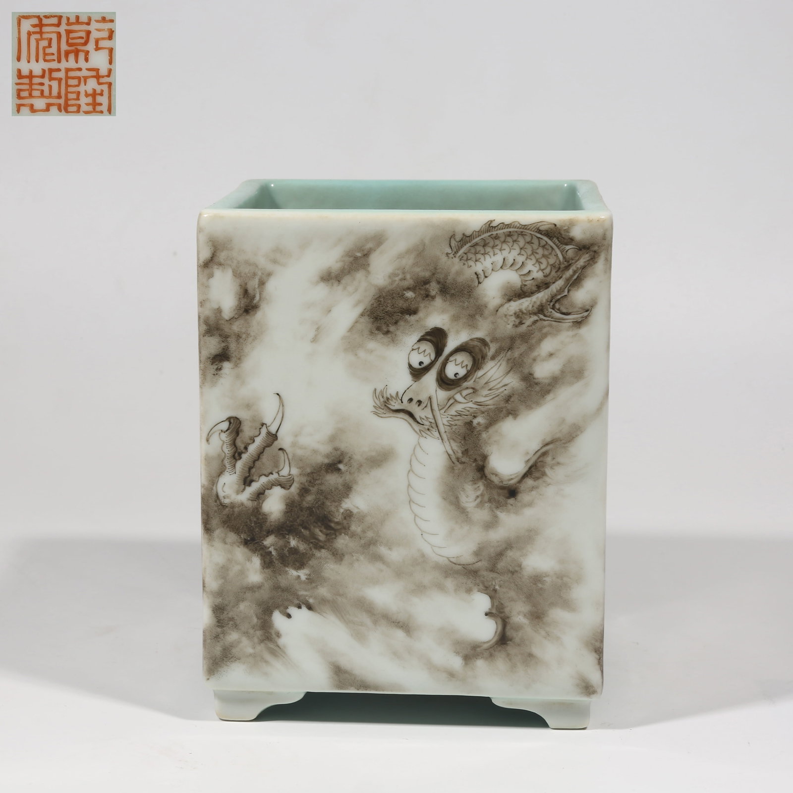 A INK-PAINTED TANG YING STYLE SQUARE BRUSH POT: Ink-painted Tang Ying style square brush pot
