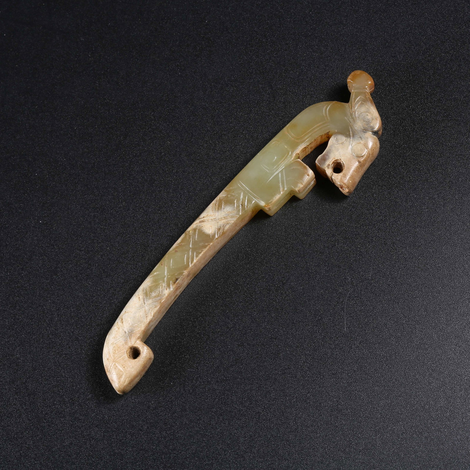 A ARCHAIC JADE DRAGON-HEAD BELT HOOK: Archaic Jade Dragon-Head Belt Hook