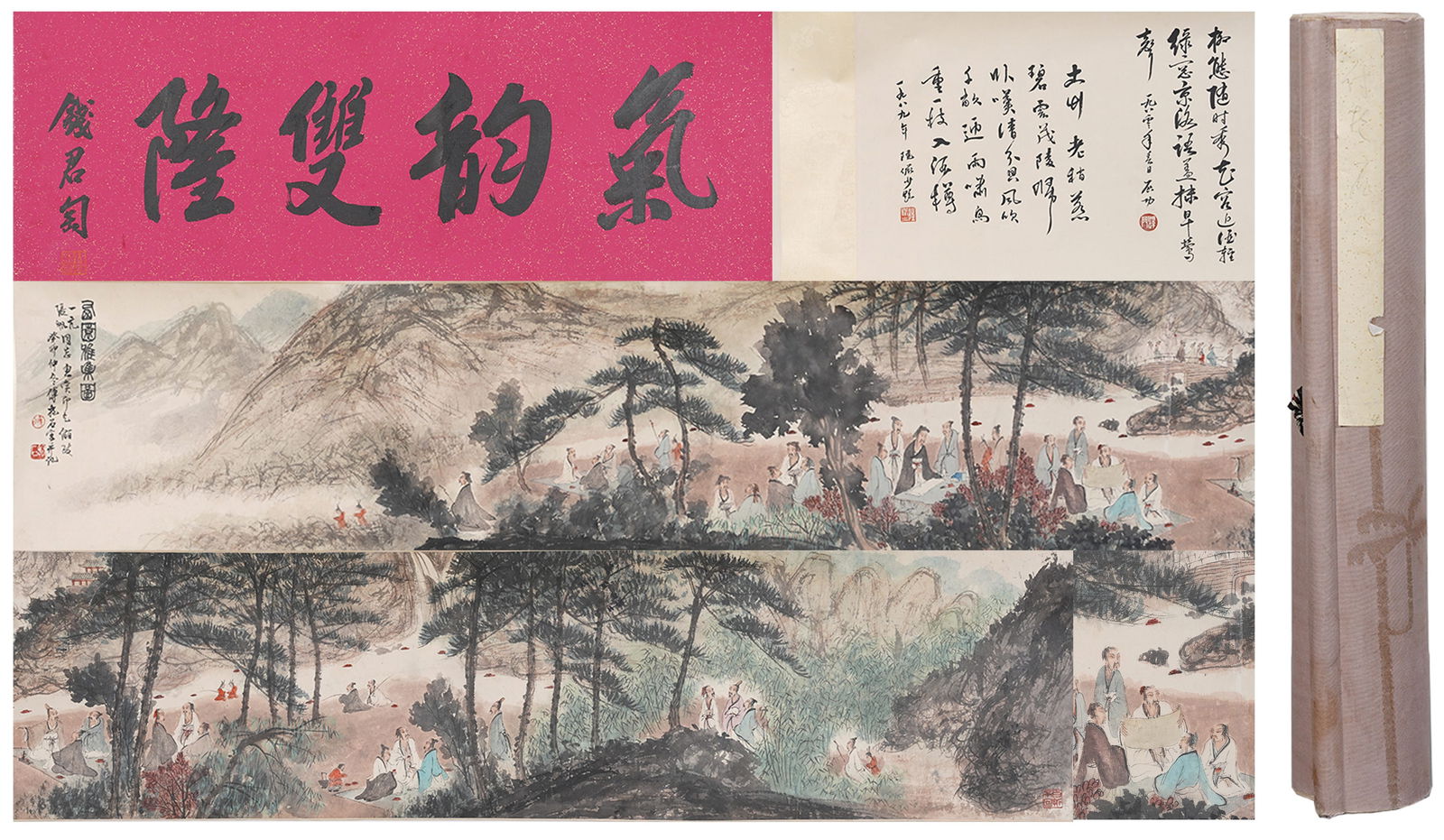 A LANDSCAPE AND FIGURE PAINTING HANDSCROLL ON PAPER BY FU BAOSHI.傅抱石: Landscape and Figure Painting Handscroll on Paper by Fu Baoshi.傅抱石