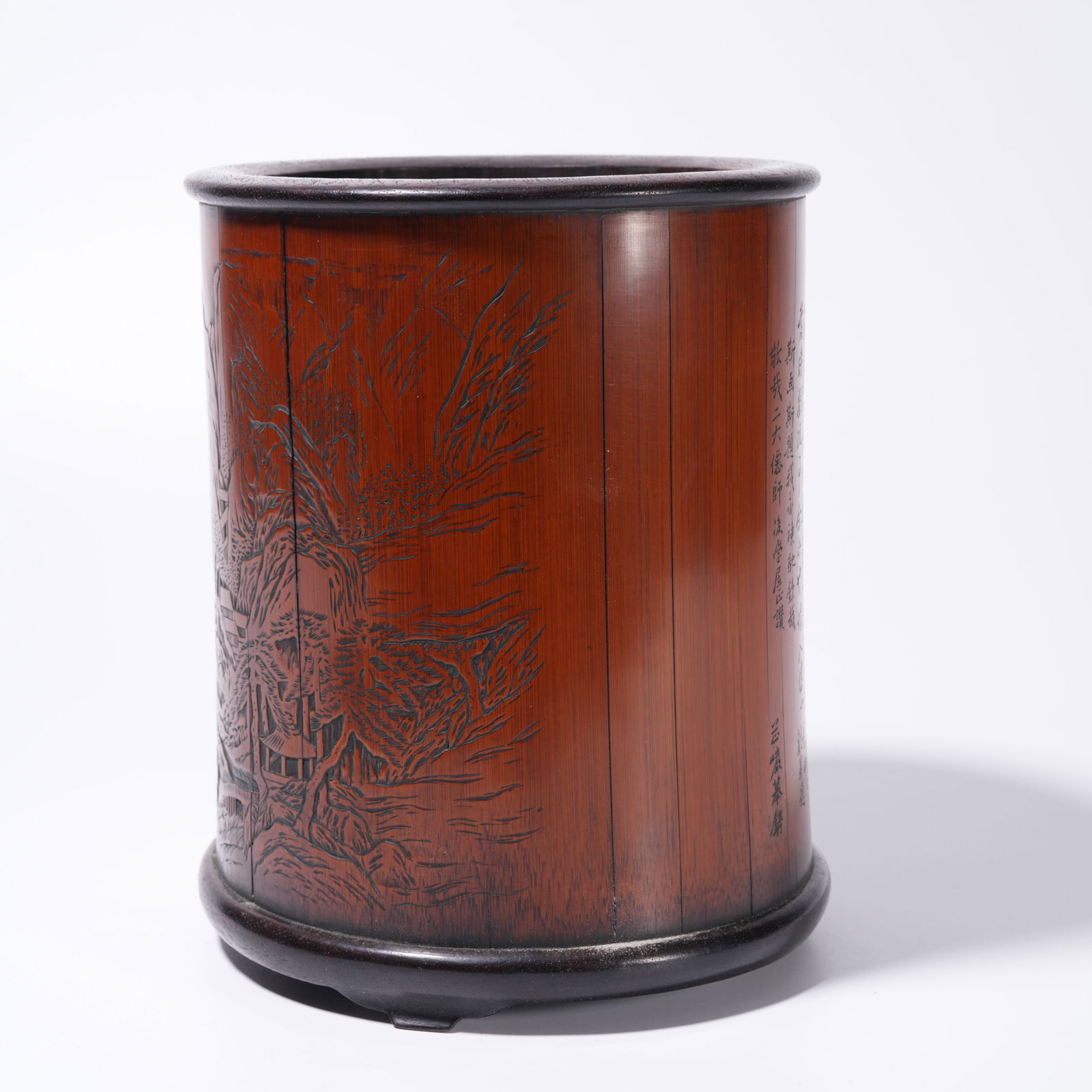 A BAMBOO ROOT CARVING LANDSCAPE-PATTERN BRUSH HOLDER - 4