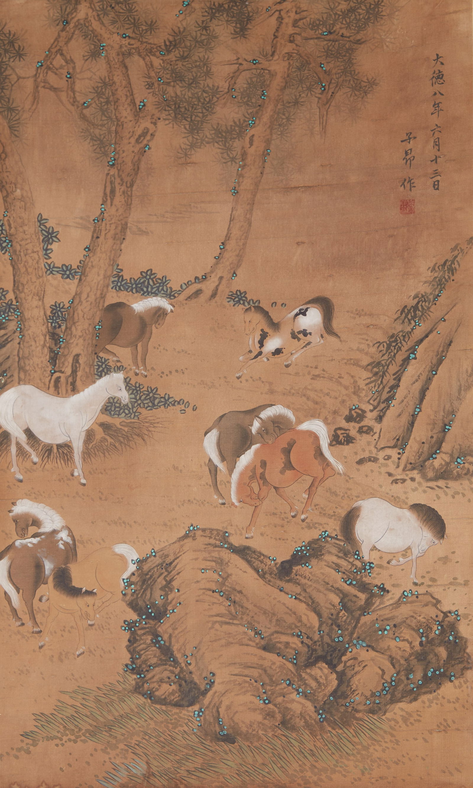 A HORSE PAINTING ON SILK BY ZHAO MENGFU.趙孟頫: Horse Painting on Silk by Zhao Mengfu.趙孟頫
