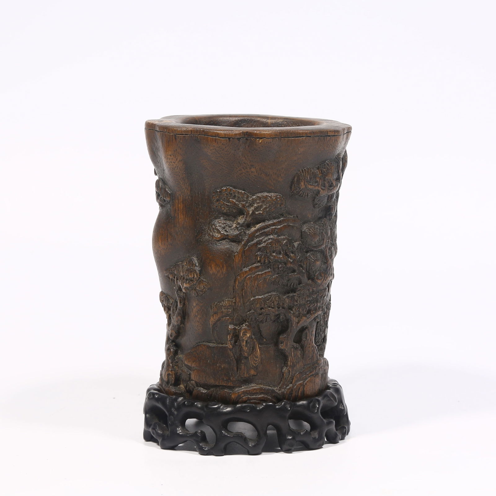 A AGARWOOD BRUSH POT WITH SCHOLAR SCENE: Agarwood Brush Pot with Scholar Scene