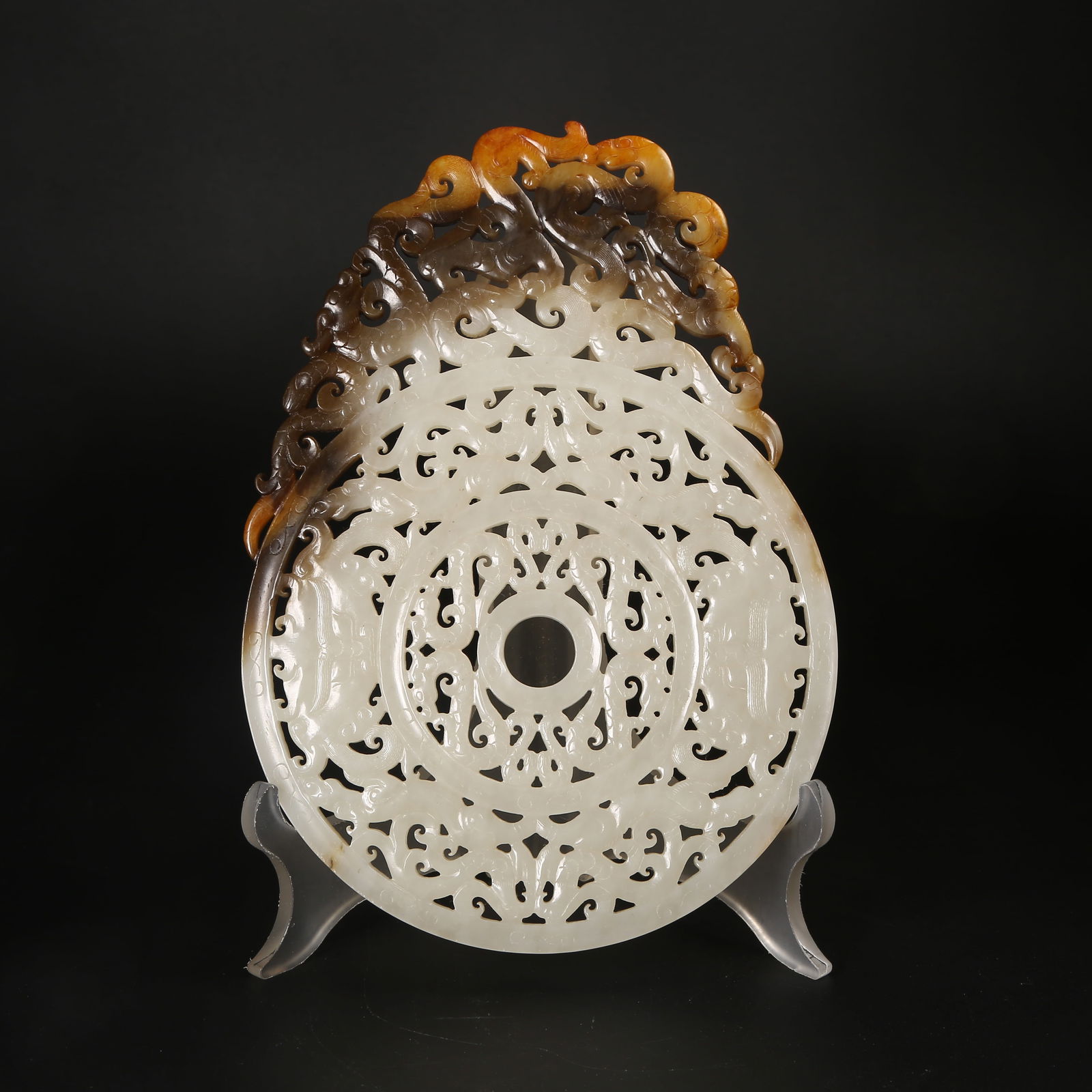 A ANCIENT JADE BI DISK WITH DRAGON AND PHOENIX MOTIF: Ancient Jade Bi Disk with Dragon and Phoenix Motif