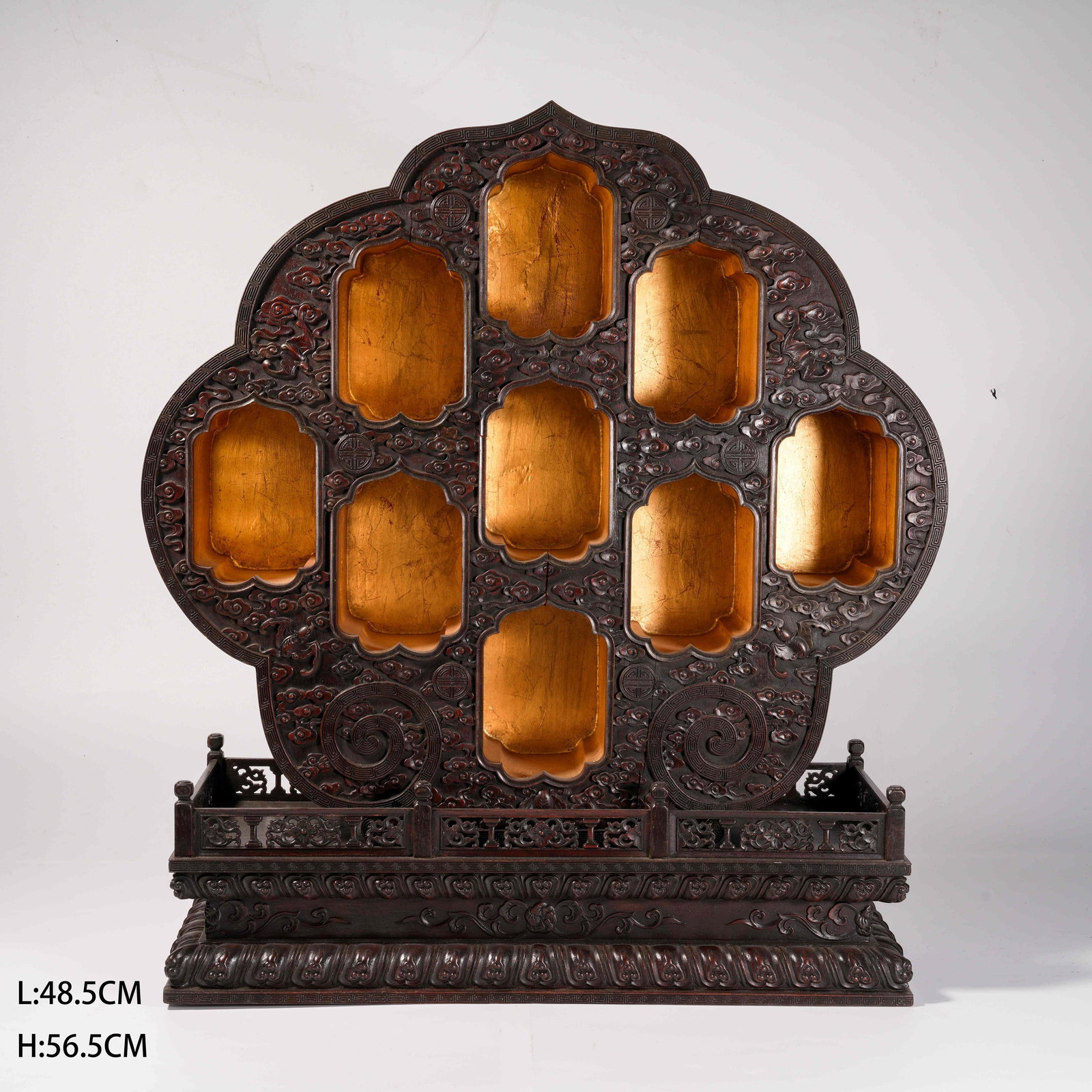 A ZITAN WOOD BUDDHIST SHRINE WITH GILDED LACQUER SUTRAS AND CLOUD-AND-DRAGON MOTIF: Zitan Wood Buddhist Shrine with Gilded Lacquer Sutras and Cloud-and-Dragon Motif