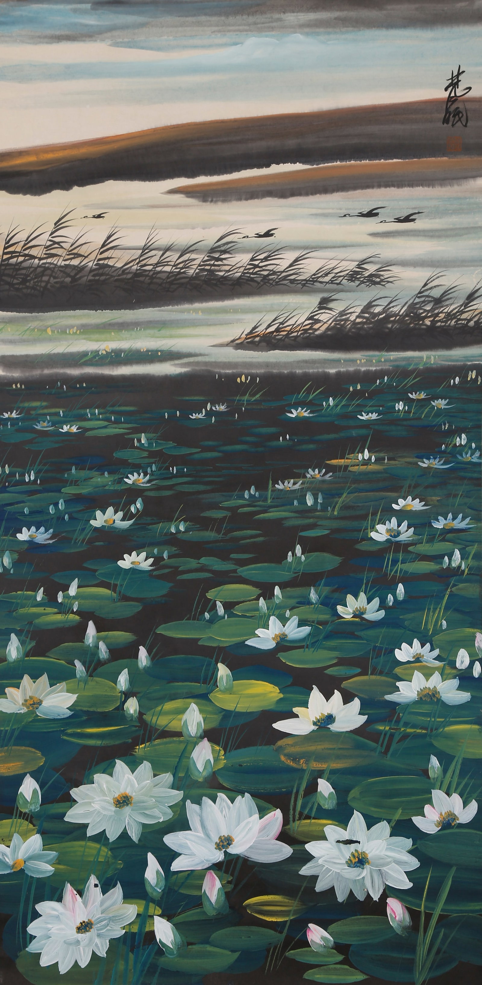 A LOTUS POND LANDSCAPE PAINTING ON PAPER BY LIN FENGMIAN.林風眠: Lotus Pond Landscape Painting on Paper by Lin Fengmian.林風眠