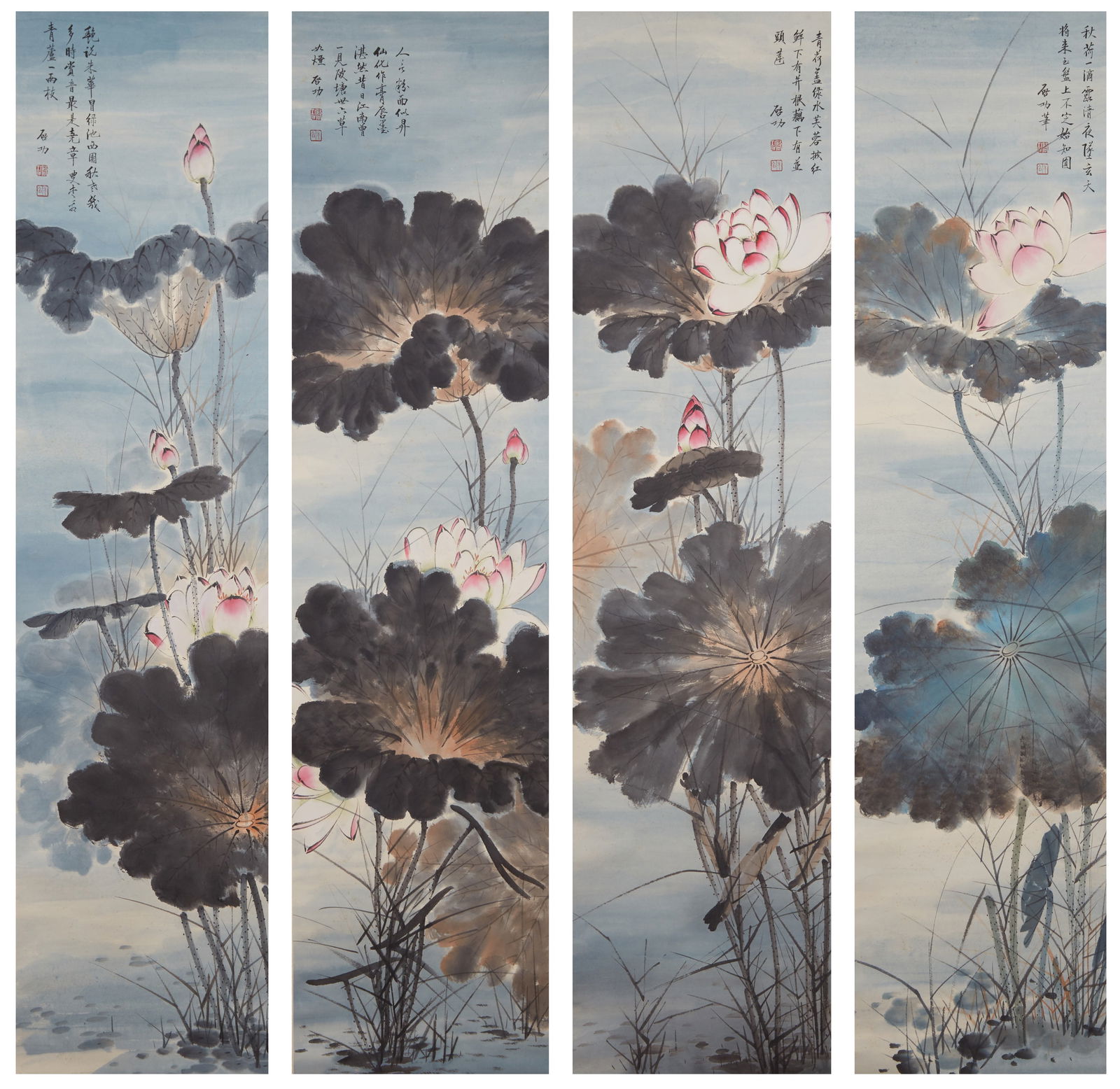 A LOTUS PAINTING ON PAPER BY QI GONG (4 PAINTINGS).啟功: Lotus Painting on Paper by Qi Gong (4 paintings).啟功