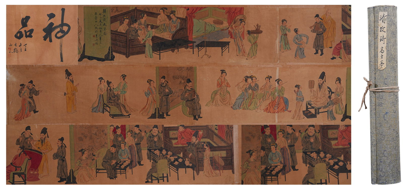 A NIGHT BANQUET HANDSCROLL ON PAPER BY GAI QI.改琦: Night Banquet Handscroll on Paper by Gai Qi.改琦