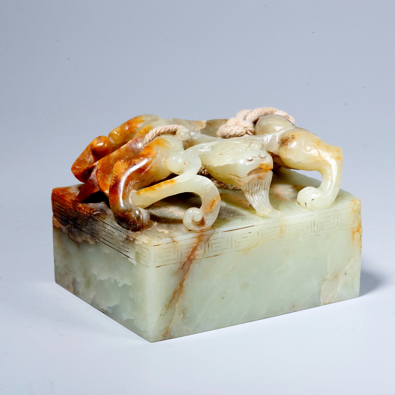 A HETIAN JADE SEAL WITH CHILONG KNOB: Hetian Jade Seal with Chilong Knob