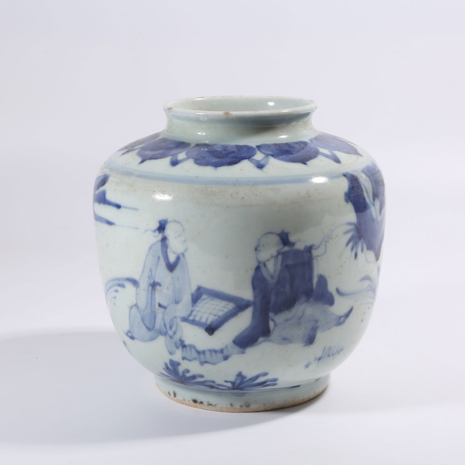 A MING DYNASTY BLUE-AND-WHITE JAR WITH FIGURE AND NARRATIVE SCENE: Ming Dynasty Blue-and-White Jar with Figure and Narrative Scene
