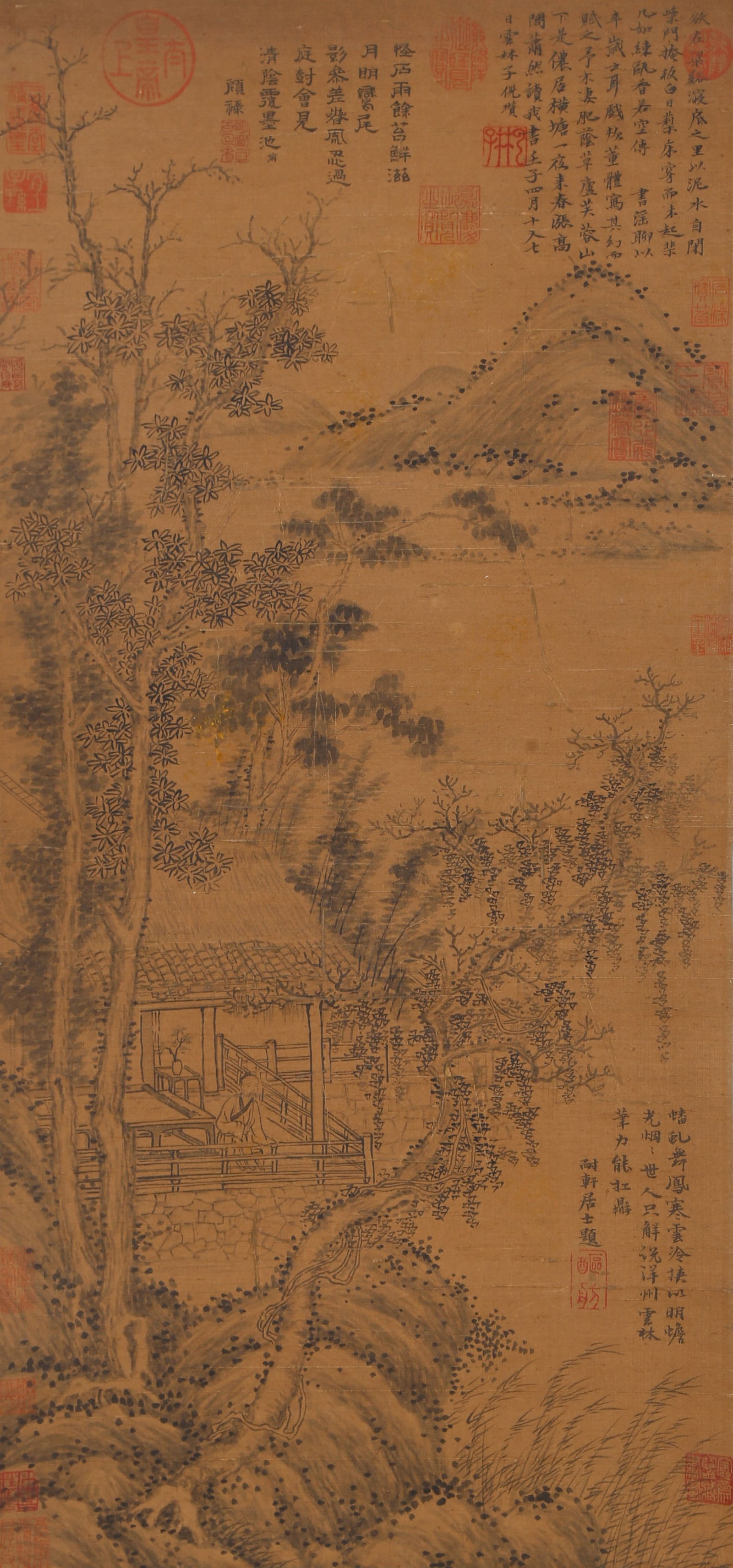 A SCHOLAR IN MOUNTAIN FOREST PAINTING ON SILK BY NI ZAN.倪瓚: Scholar in Mountain Forest Painting on Silk by Ni Zan.倪瓚