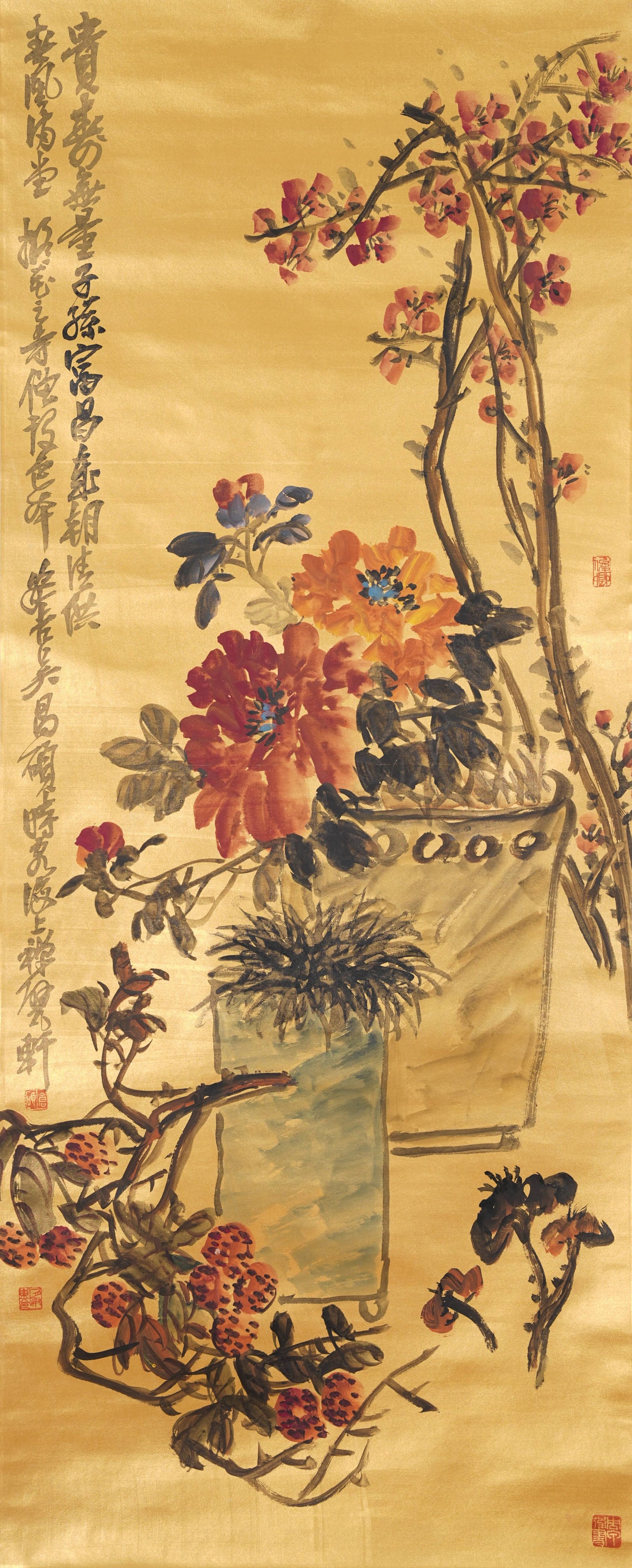 A FLOWER PAINTING ON PAPER BY WU CHANGSHUO.吳昌碩: Flower Painting on Paper by Wu Changshuo.吳昌碩