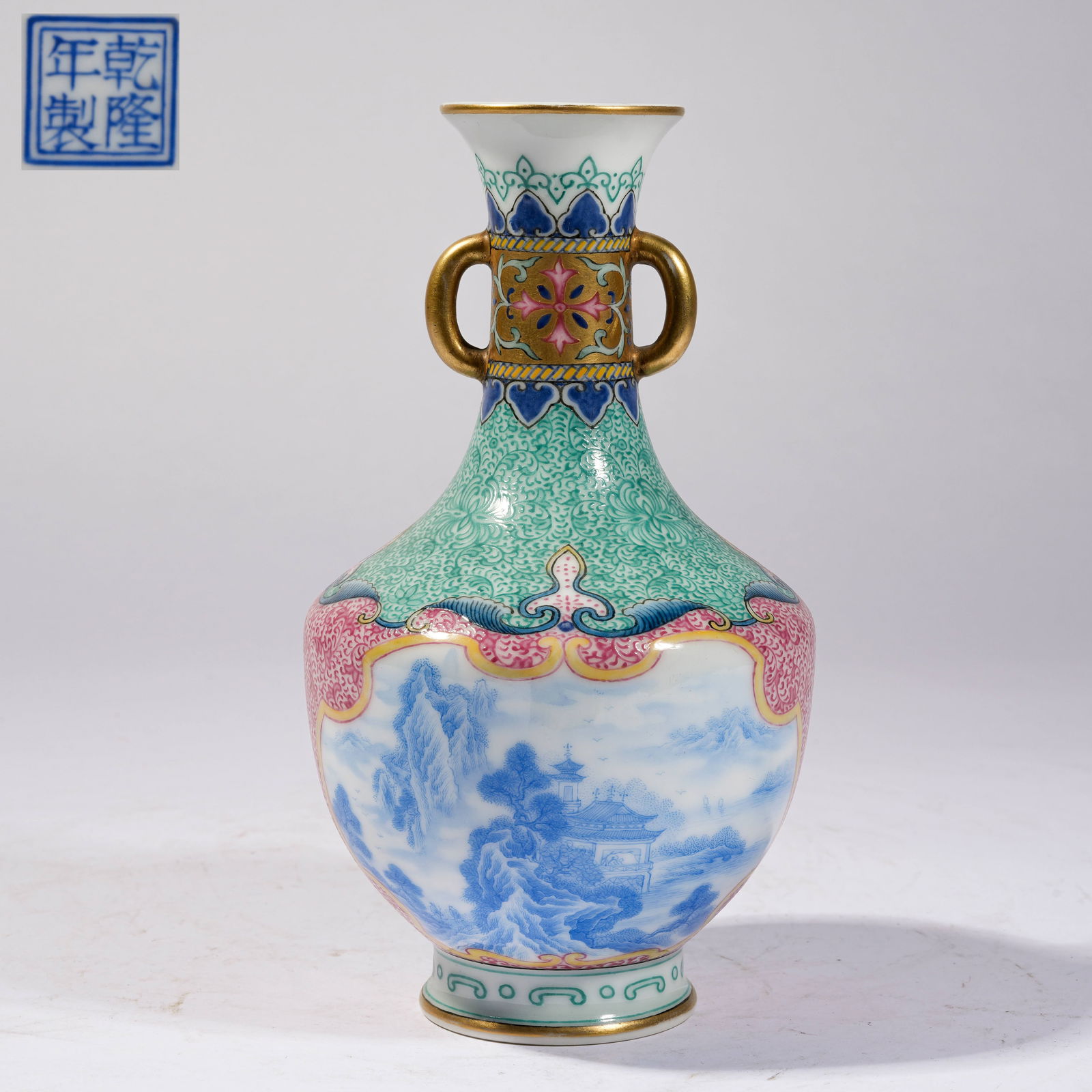 A FAMILLE ROSE LANDSCAPE PATTERN VASE: Famille Rose Landscape Pattern Vase