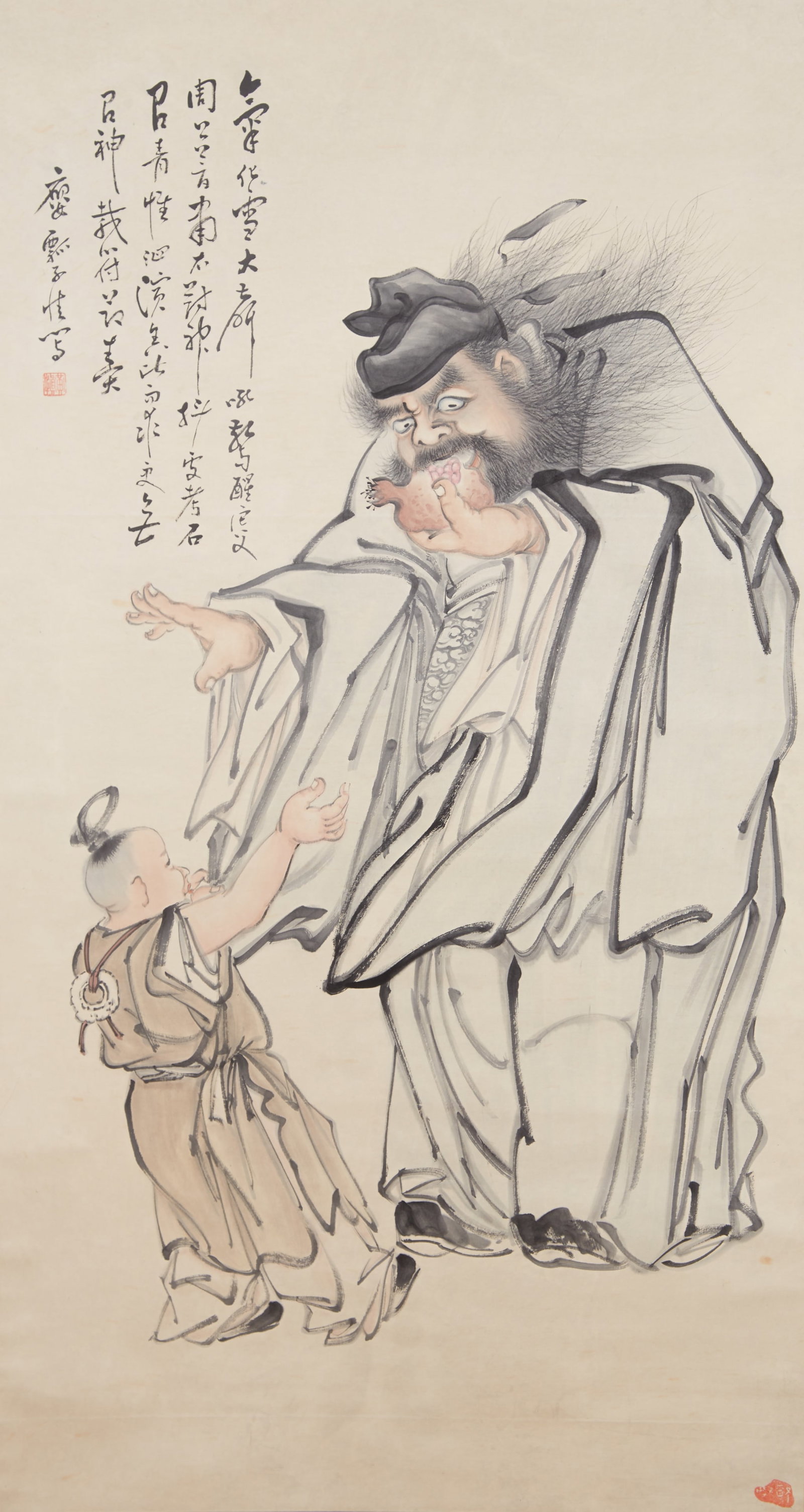 A "ZHONG KUI PLAYING WITH CHILDREN", PAINTING ON PAPER BY HUANG SHEN.黃慎: "Zhong Kui Playing with Children", Painting on Paper by Huang Shen.黃慎