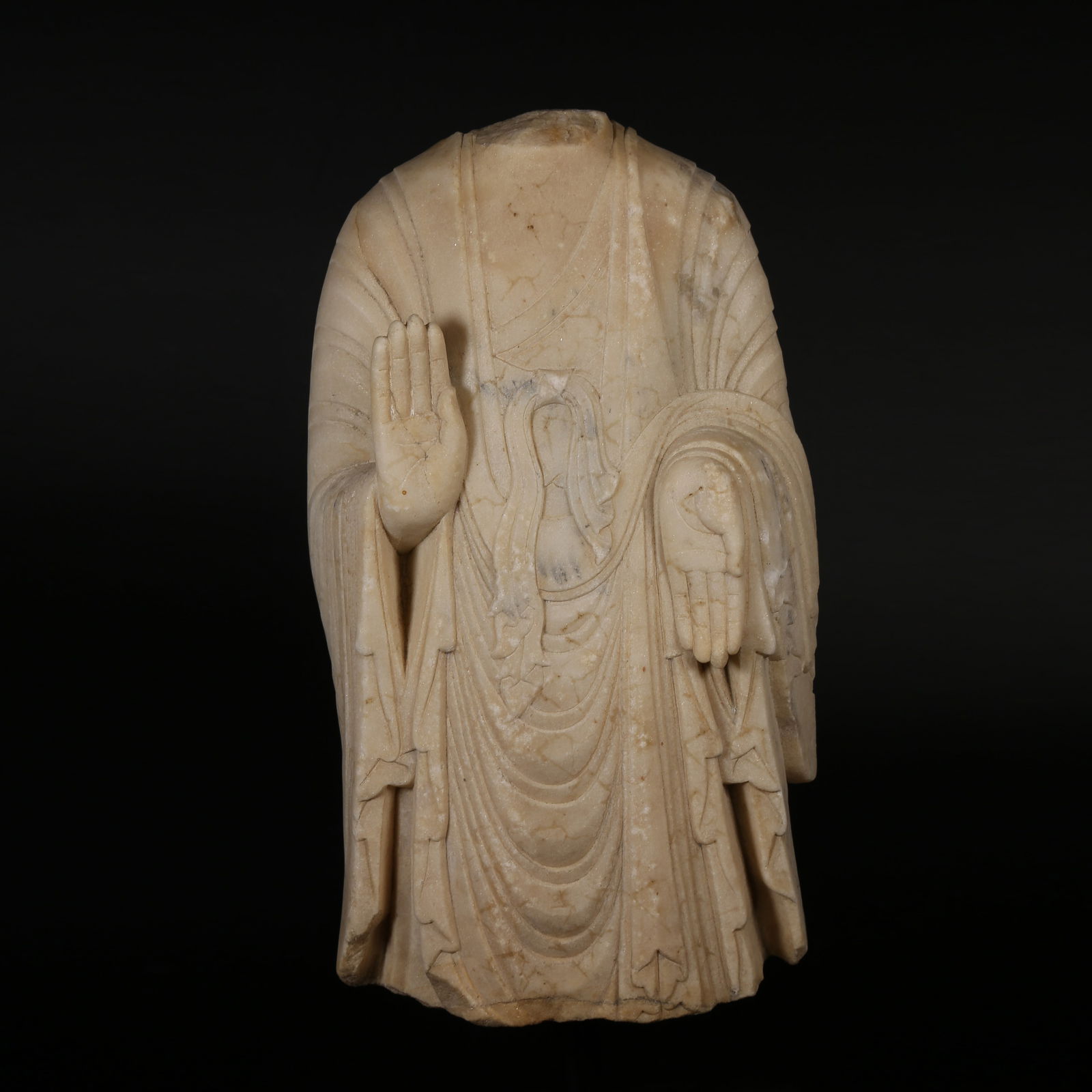 A POLISHED WHITE MARBLE BUDDHA BODY: Polished White Marble Buddha Body