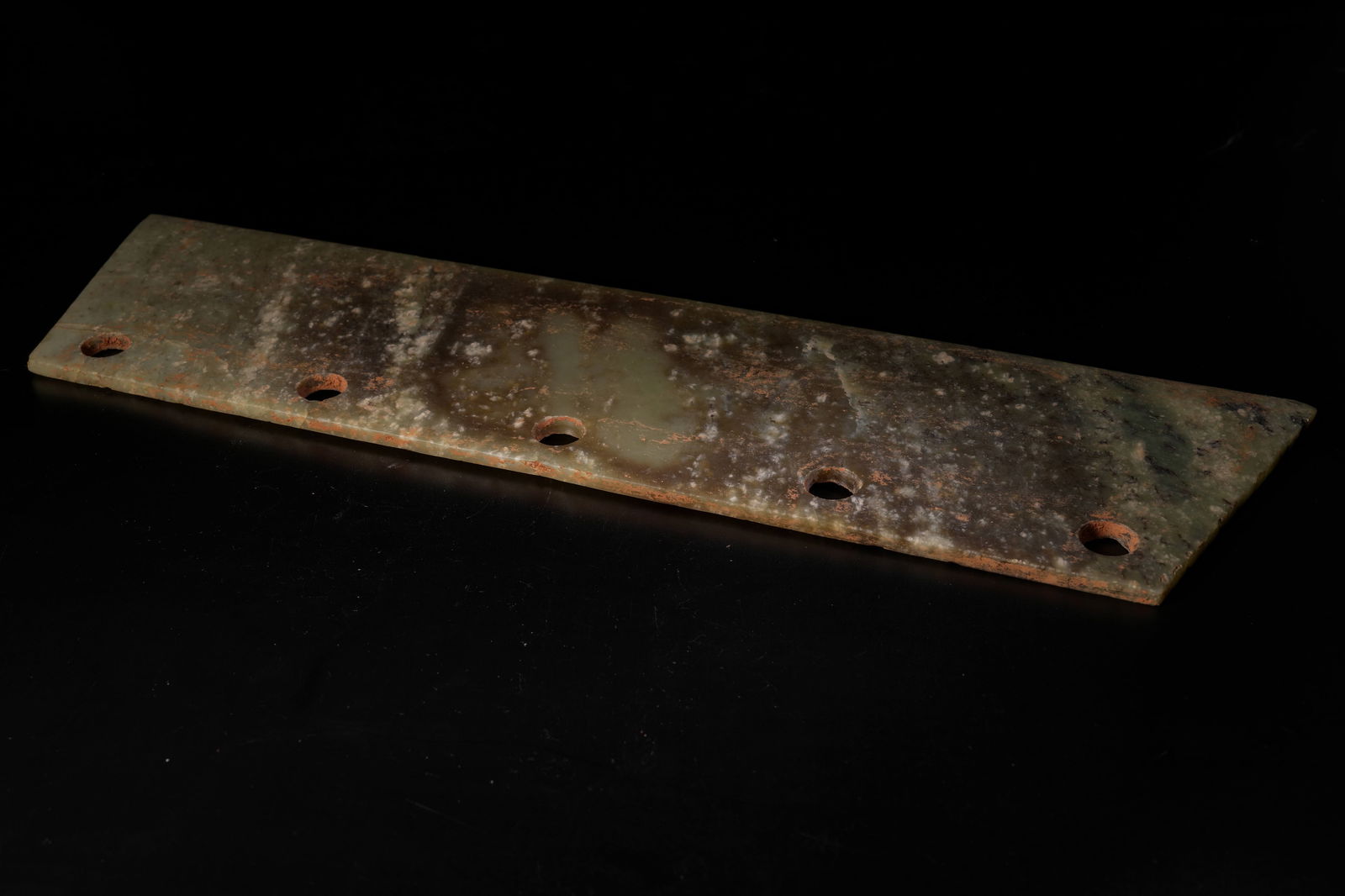 A ANCIENT JADE FIVE-HOLE KNIFE - 6