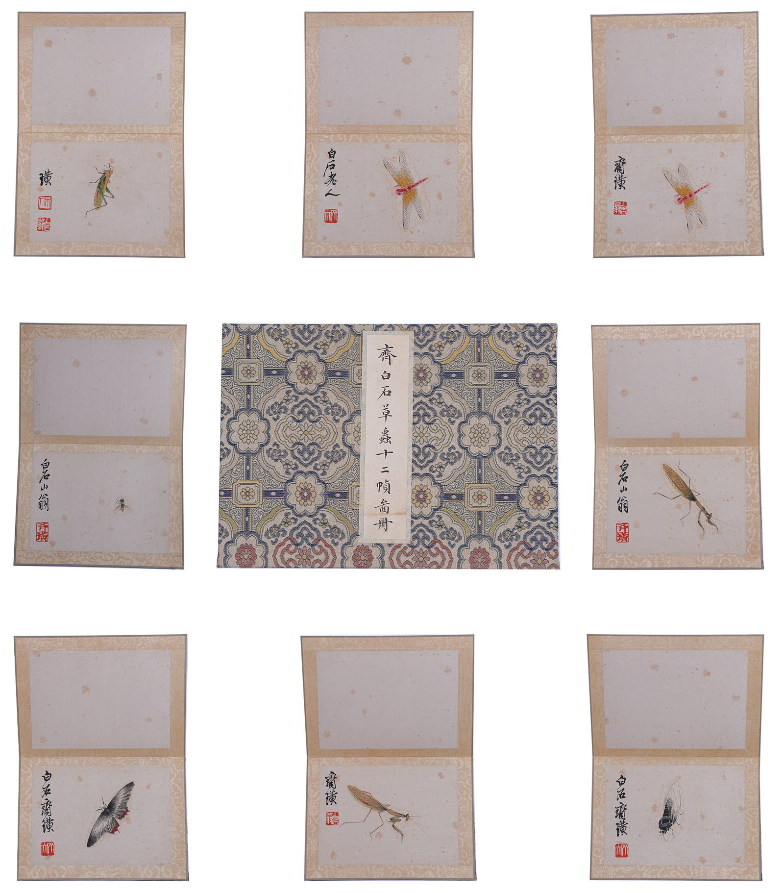 A GRASS AND INSECTS ON PAPER, TWELVE LEAVES BY QI BAISHI.齊白石: Grass and Insects on Paper, Twelve Leaves by Qi Baishi.齊白石