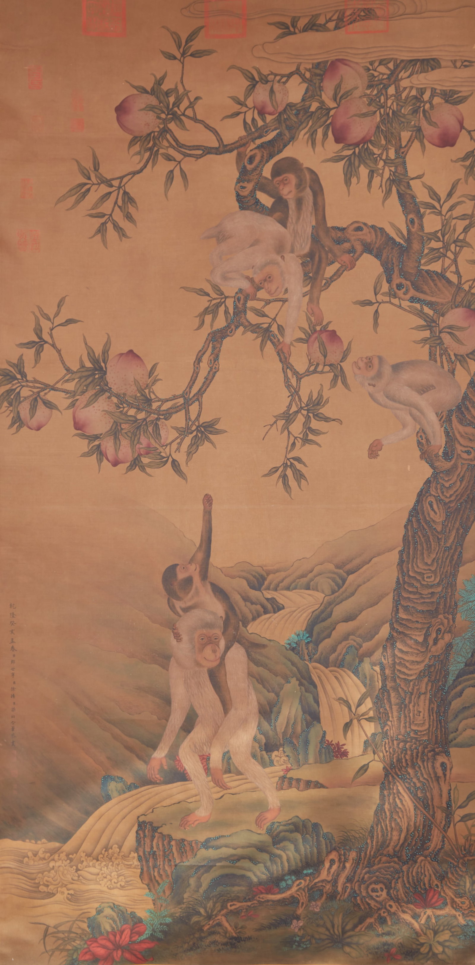 A "SPIRIT MONKEYS PRESENTING LONGEVITY" PAINTING ON SILK, JOINTLY PAINTED BY GIUSEPPE CASTIGLIONE: "Spirit Monkeys Presenting Longevity" Painting on Silk, jointly painted by Giuseppe Castiglione (Lang Shining), Xu Yang, and Sun Hu.郎世寧 徐揚 孫祜